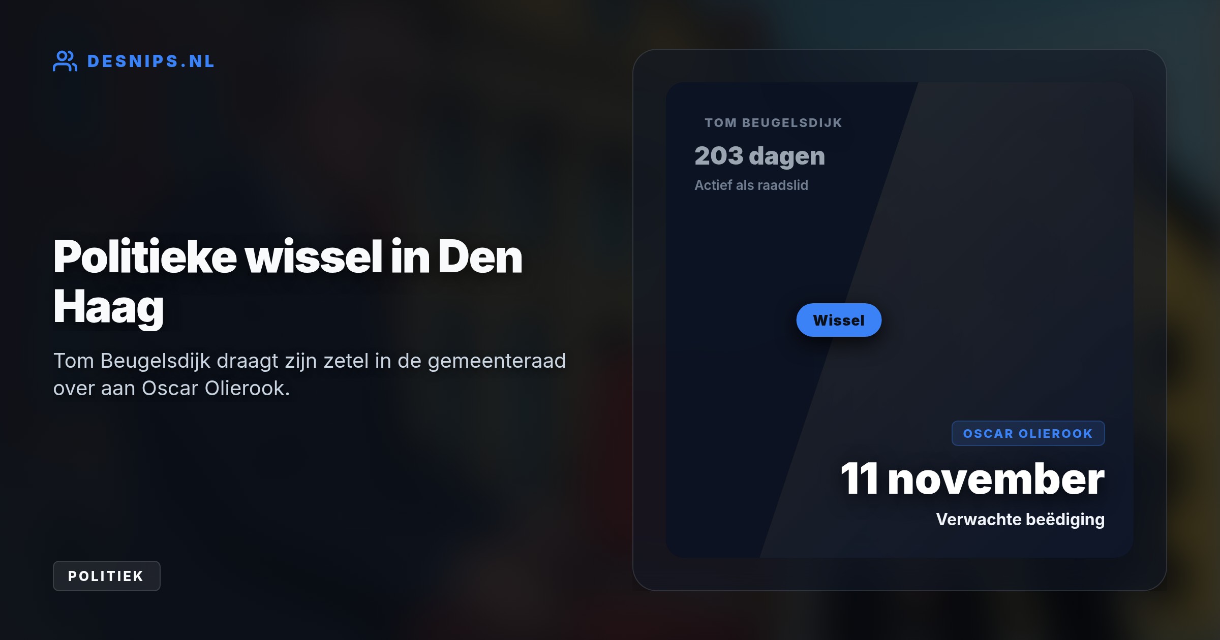 De oud-voetballer geeft zijn zetel na 203 dagen op voor zijn gezin. Door zijn omgangsregeling verhuist hij niet, wat wettelijk strijdig is met het Haagse raadslidmaatschap.