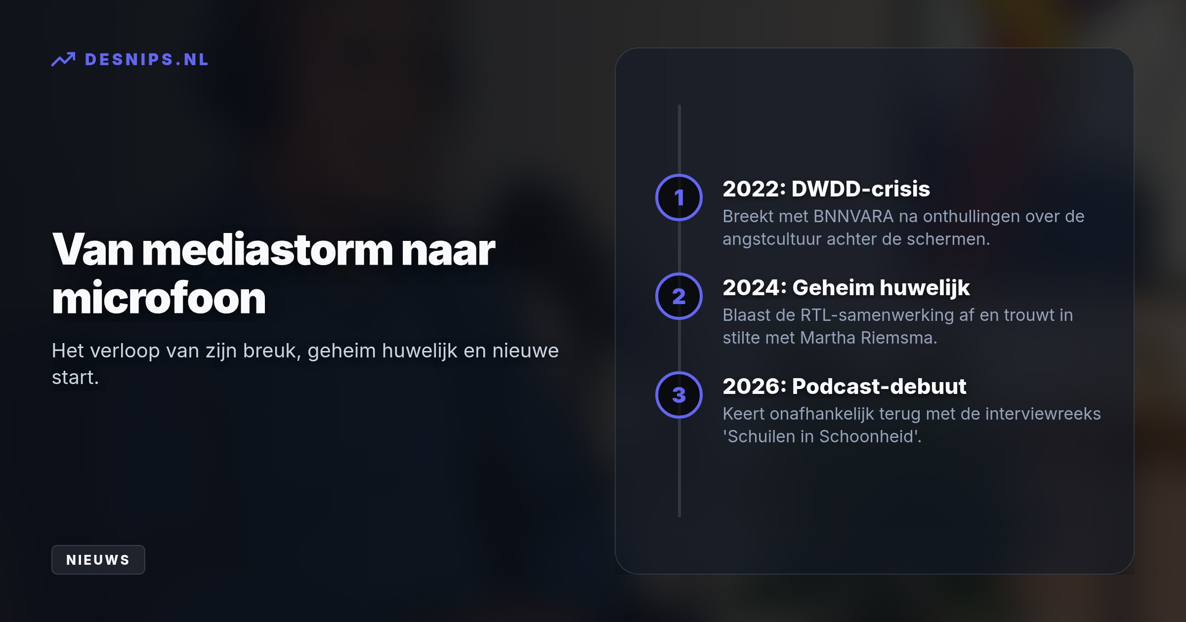 Na vier roerige jaren start de tv-maker zijn podcast 'Schuilen in Schoonheid', terwijl zijn geheime huwelijk uit 2024 met Martha Riemsma nu ook is onthuld.