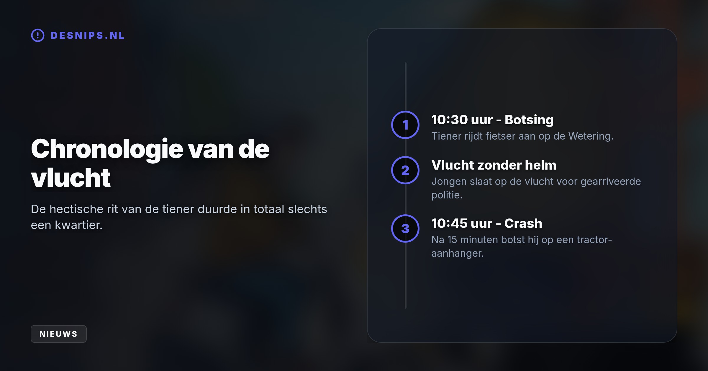 De minderjarige wegpiraat reed eerst een fietser aan en sloeg helmloos op de vlucht voor de politie, waarna hij een kwartier later tegen een tractor-aanhanger crashte.
