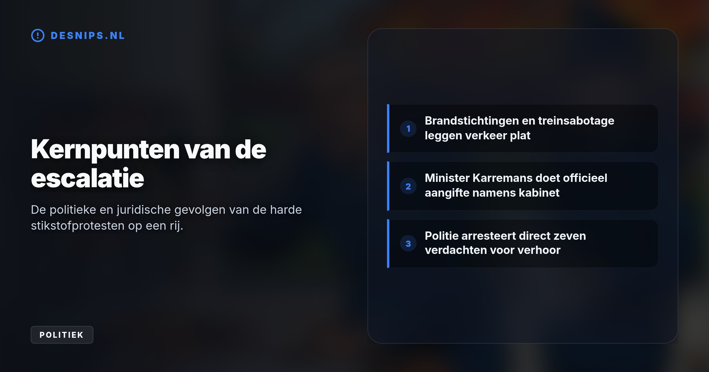 De minister doet aangifte omdat de stikstofprotesten op wegen en spoor willens en wetens levens in gevaar brachten. Politie hield zeven verdachten aan.