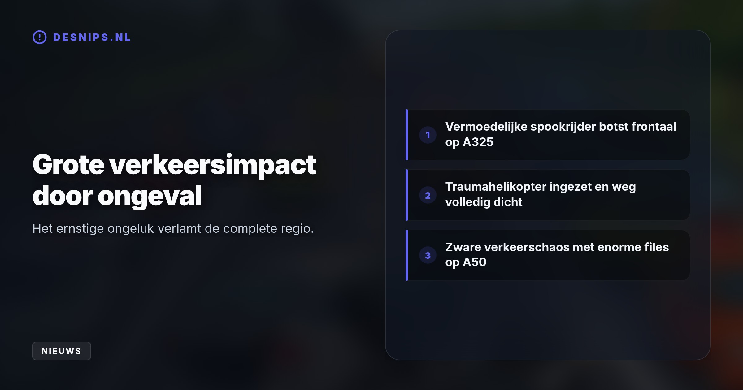 Een spookrijder veroorzaakte dinsdagmiddag een ernstig ongeluk. De weg is in beide richtingen dicht, wat leidt tot een verkeersinfarct met onder meer 17 kilometer file op de A50.