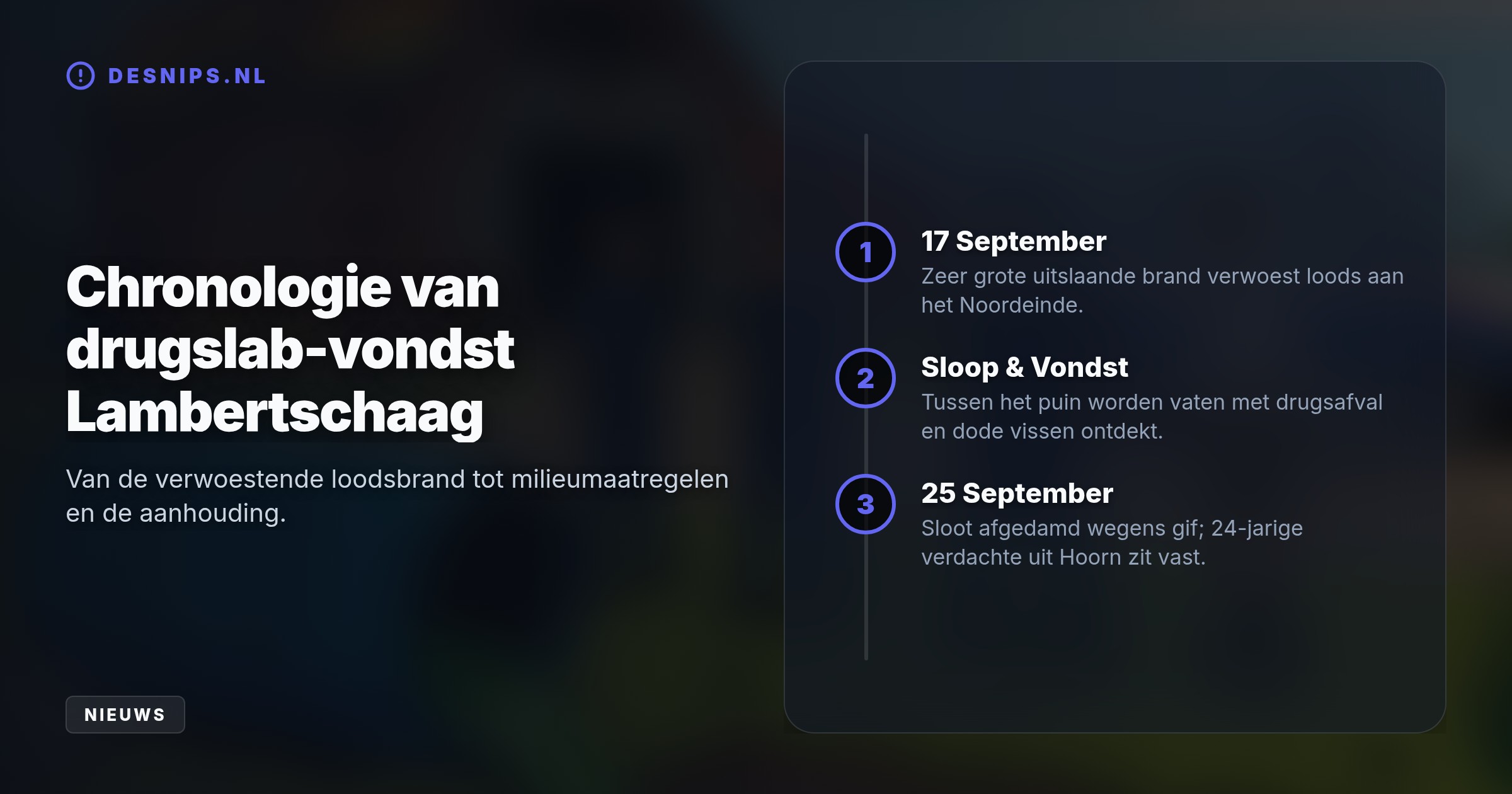 Na een grote brand in Lambertschaag trof de politie chemisch drugsafval en dode vissen aan. Een 24-jarige man uit Hoorn is aangehouden voor voorbereiding van drugsproductie.