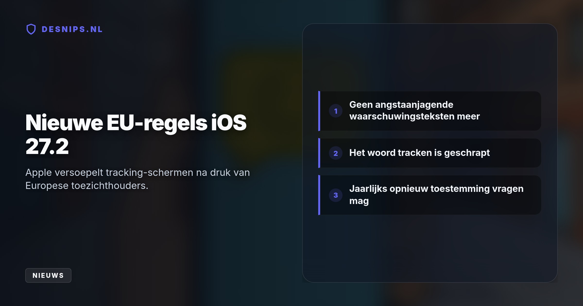 Na EU-kritiek op concurrentienadeel vervangt Apple enge tracking-schermen door vriendelijkere pop-ups. Dit herstelt het gelijke speelveld voor externe app-ontwikkelaars.