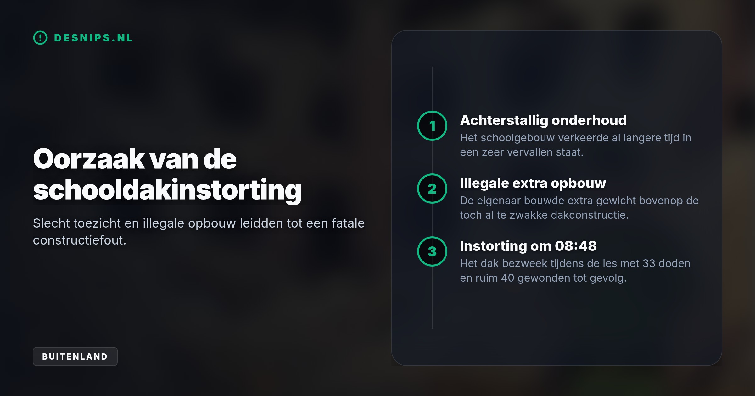 Een illegale extra verdieping op het vervallen gebouw van de Al-Khair school werd de zwakke constructie fataal. De politie heeft de schooleigenaar direct ingerekend.