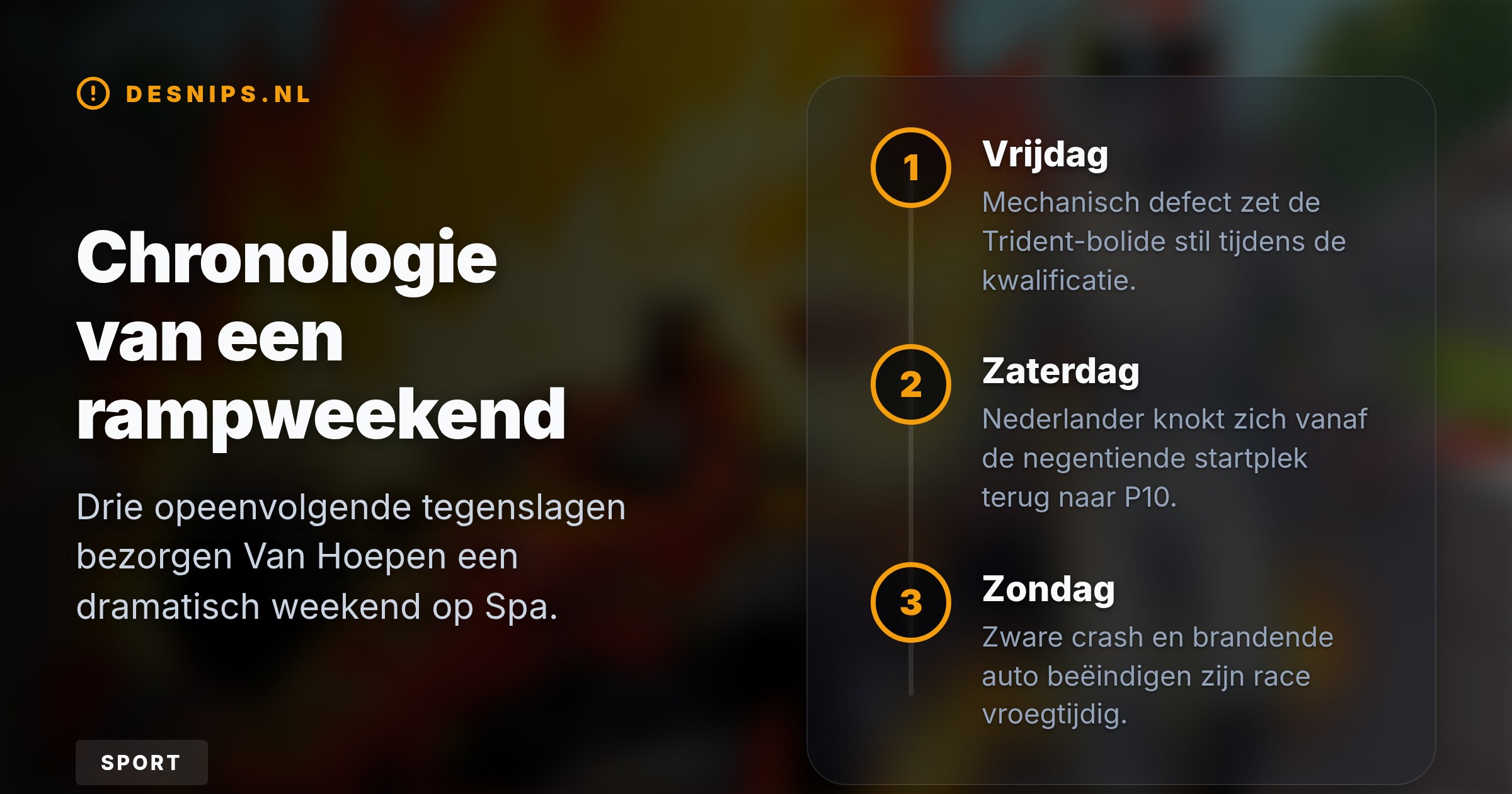 De Nederlandse Formule 2-coureur gleed in bocht 8 hard achterwaarts de bandenstapels in na het raken van een kerbstone. Zijn auto vatte direct vlam, wat leidde tot een rode vlag.