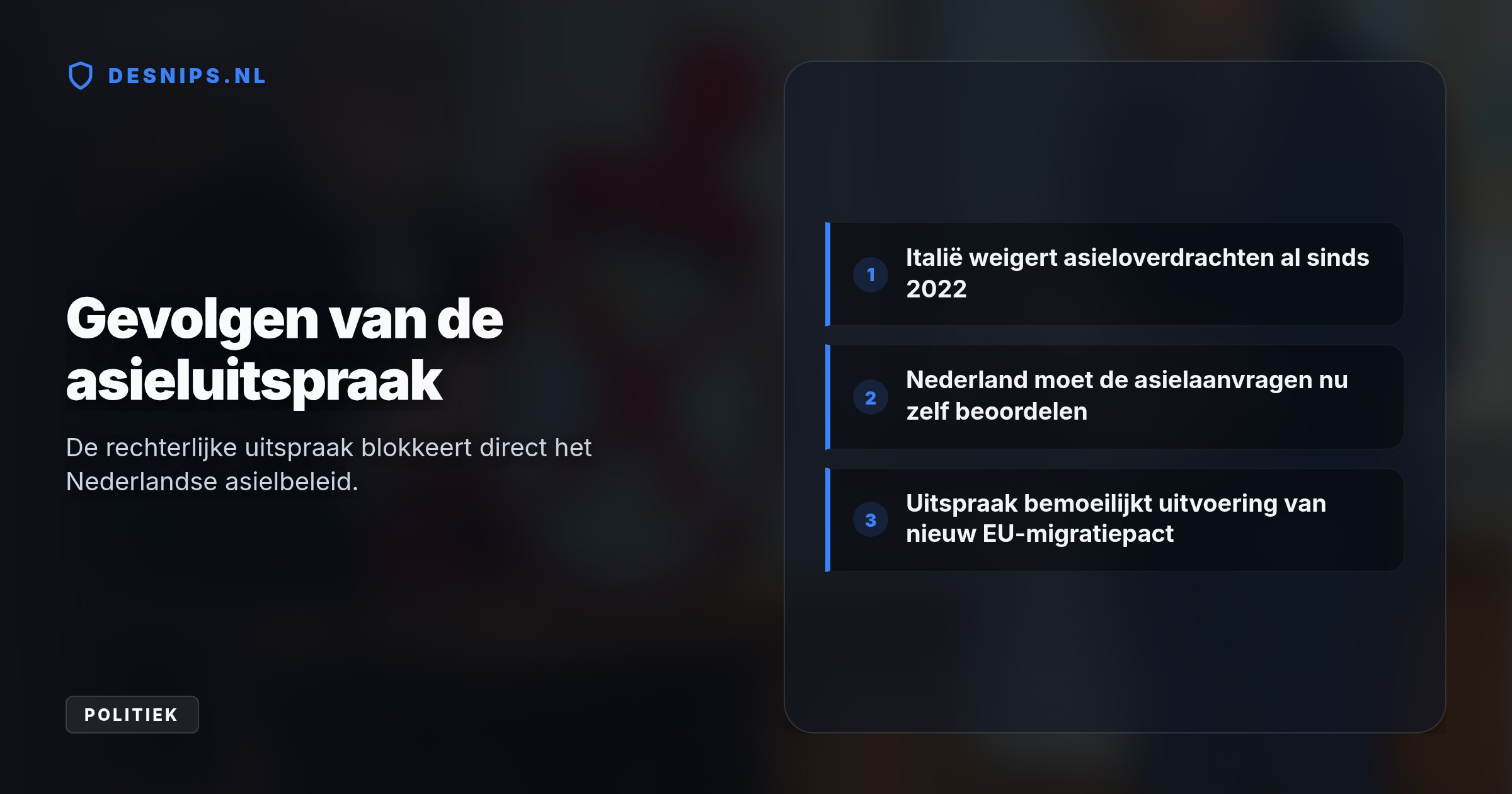 Minister Van den Brink mag drie asielzoekers niet overdragen omdat Italië basisbehoeften zoals water en opvang niet garandeert. Nederland moet hun aanvragen nu zelf behandelen.