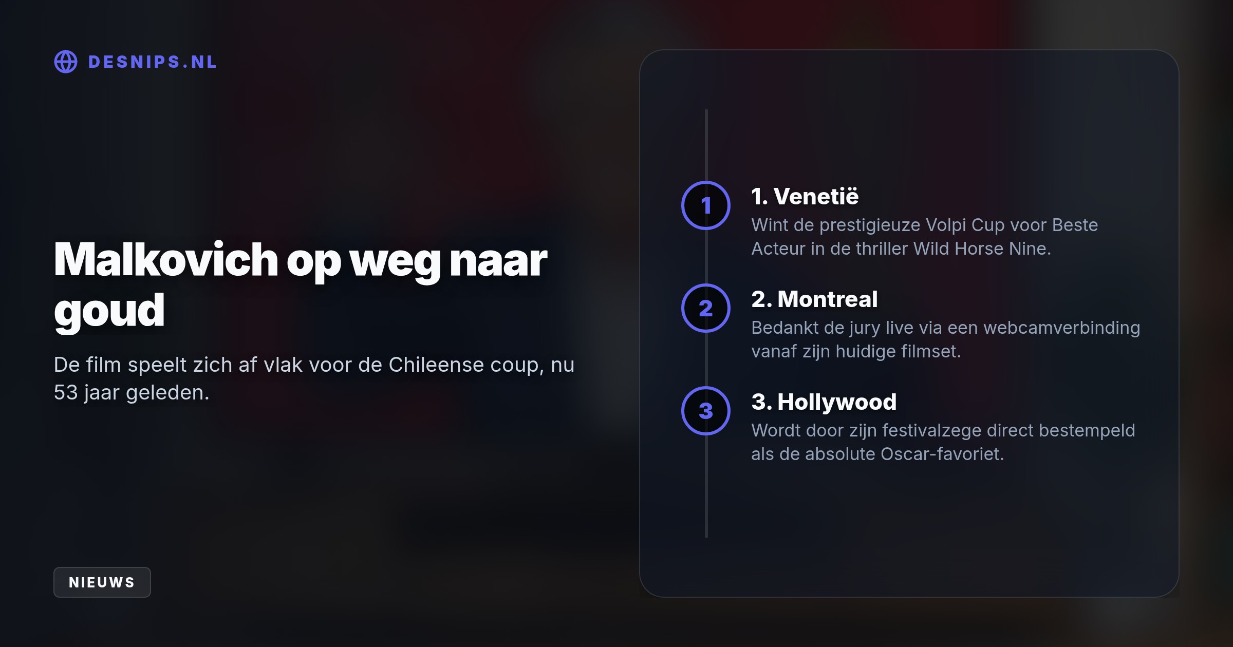 De 72-jarige Hollywood-legende won de Volpi Cup voor zijn rol in 'Wild Horse Nine', maar bedankte de jury via videoverbinding vanaf een Canadese filmset.