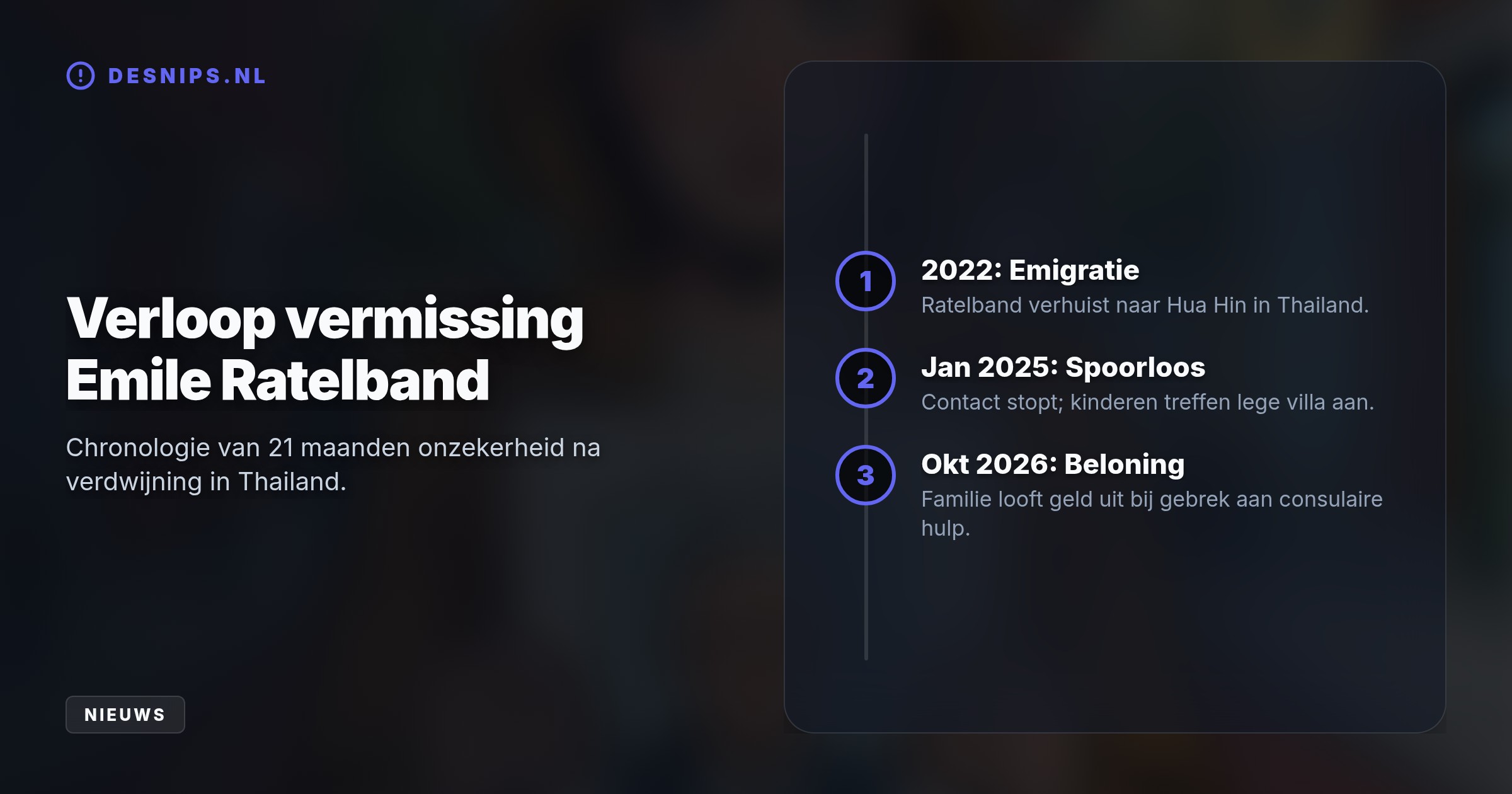 Positiviteitsguru Emile Ratelband verdween begin 2025 in Thailand. Nadat aangiftes en eigen zoekacties niets opleverden, vraagt zijn familie met een beloning om hulp.