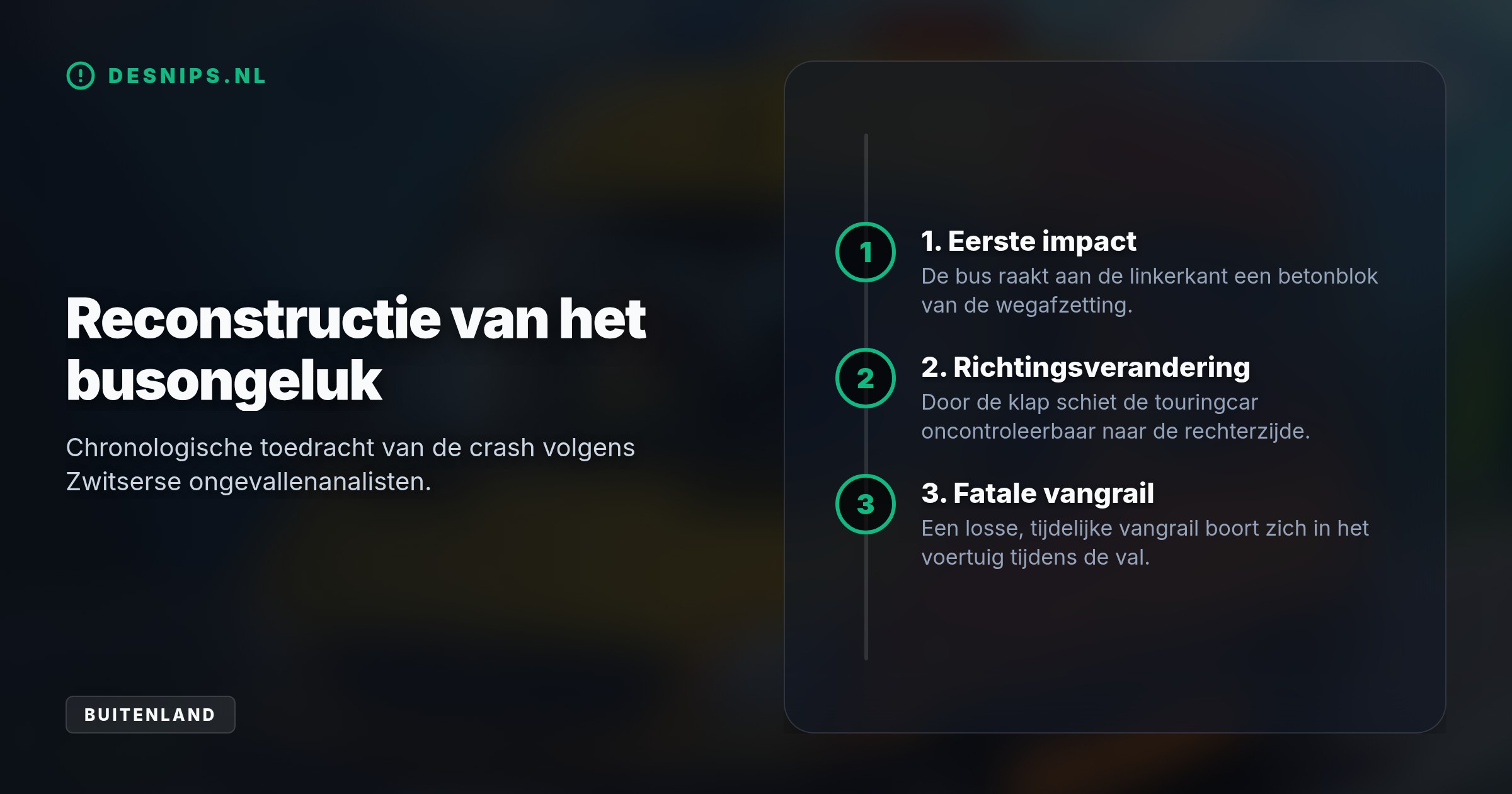 Alarmcentrale Eurocross brengt de eerste overlevenden van het busongeluk naar huis. Onderzoekers wijzen een wegafzetting en een losse vangrail aan als de vermoedelijke oorzaak van de fatale val.