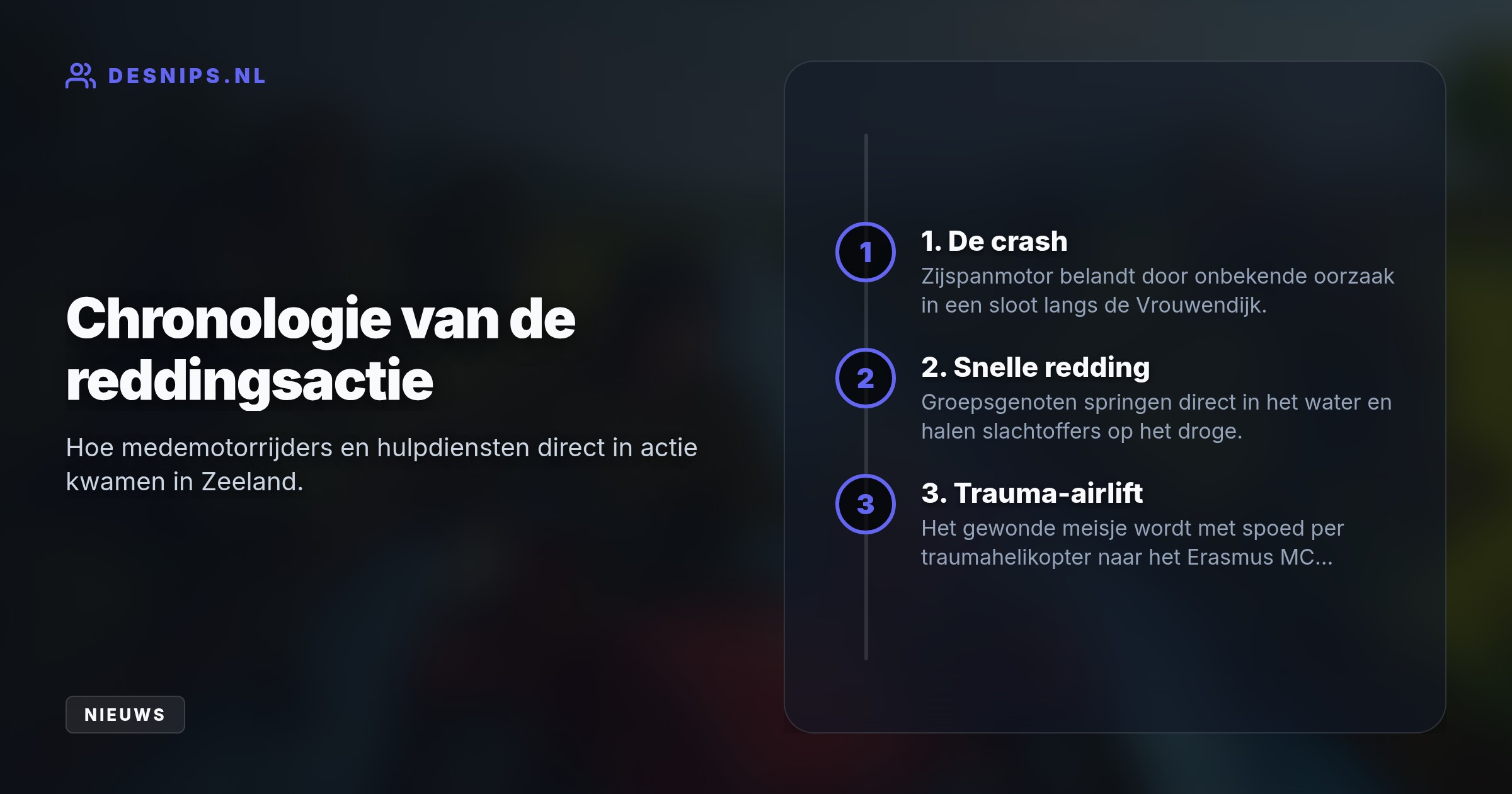 Nadat de motor met zijspan in een sloot belandde, greep de groep direct in. Het gewonde meisje is per traumahelikopter overgebracht naar Rotterdam.