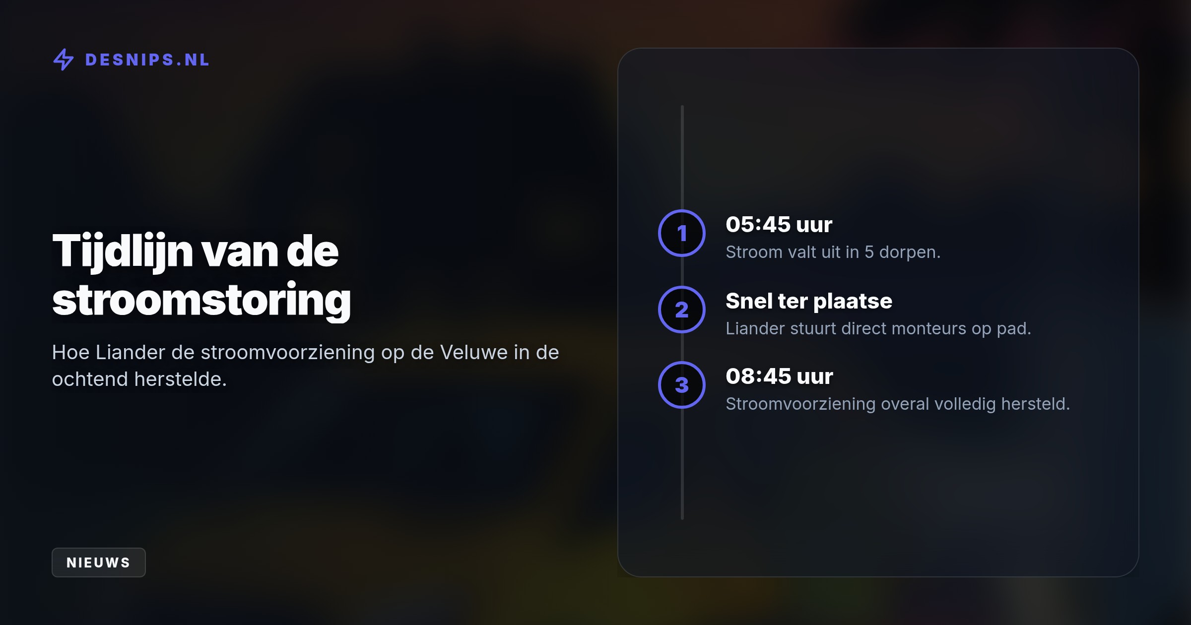 Een plotselinge stroomstoring vanaf kwart voor zes trof ruim 25 straten in onder andere Elburg en 't Harde. Monteurs van Liander herstelden de stroom rond 08:45 uur.