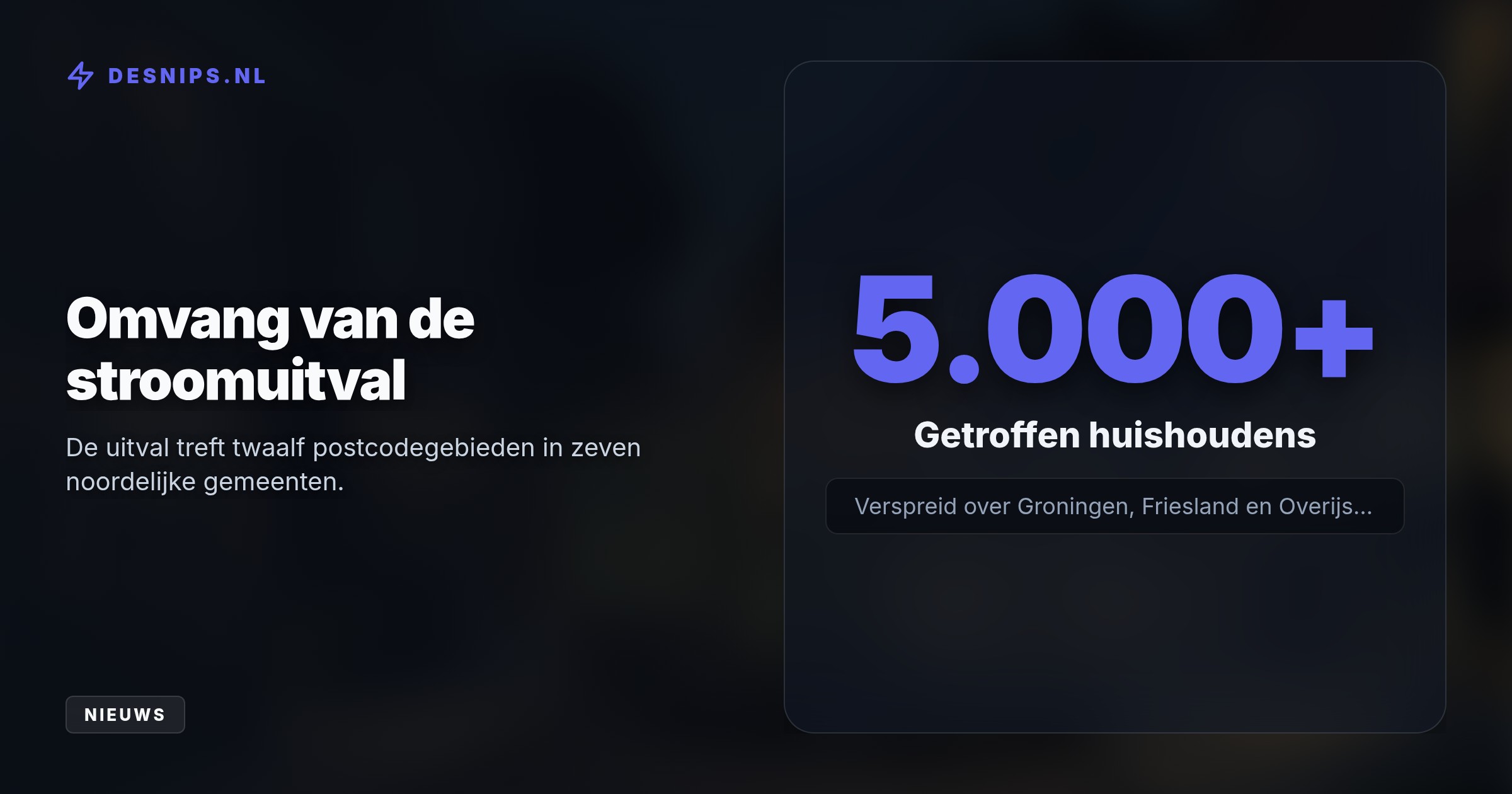 Sinds vijf uur 's nachts zitten ruim twaalf postcodegebieden zonder stroom. Netbeheerder Enexis zoekt naar de oorzaak en heeft nog geen hersteltijd afgegeven.