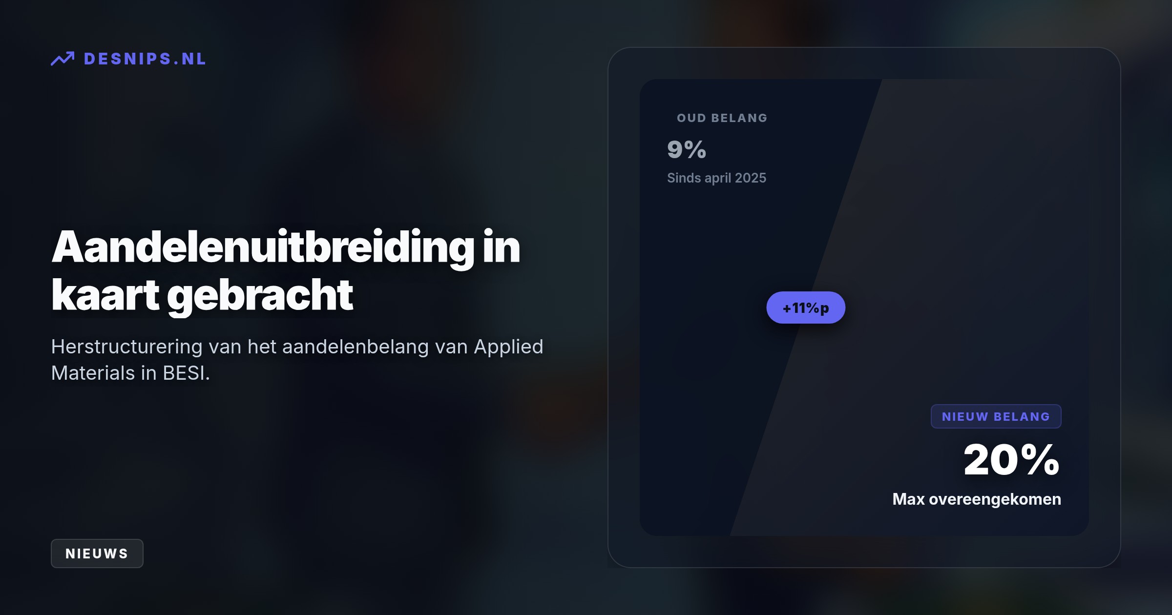 Het Amerikaanse techconcern vergroot het belang in het Gelderse BESI met 11 procentpunt. Zo wil het samenwerking rond hybrid bonding versnellen zonder bestuurszetels op te eisen.