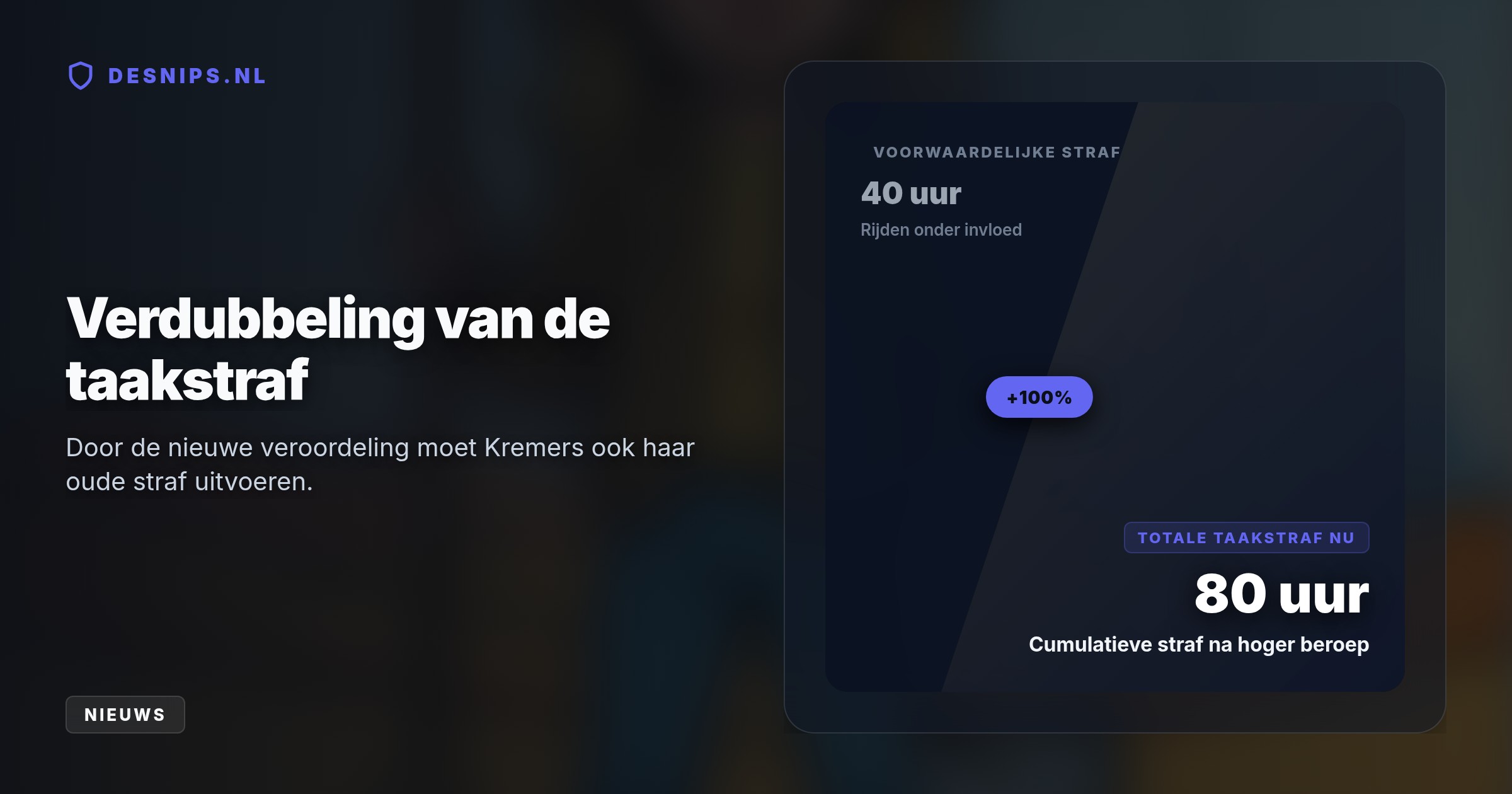 De realityster is in hoger beroep veroordeeld voor rijden onder invloed in Kaatsheuvel. Omdat ze ook een oude straf moet uitzitten, bedraagt de totale taakstraf 80 uur.