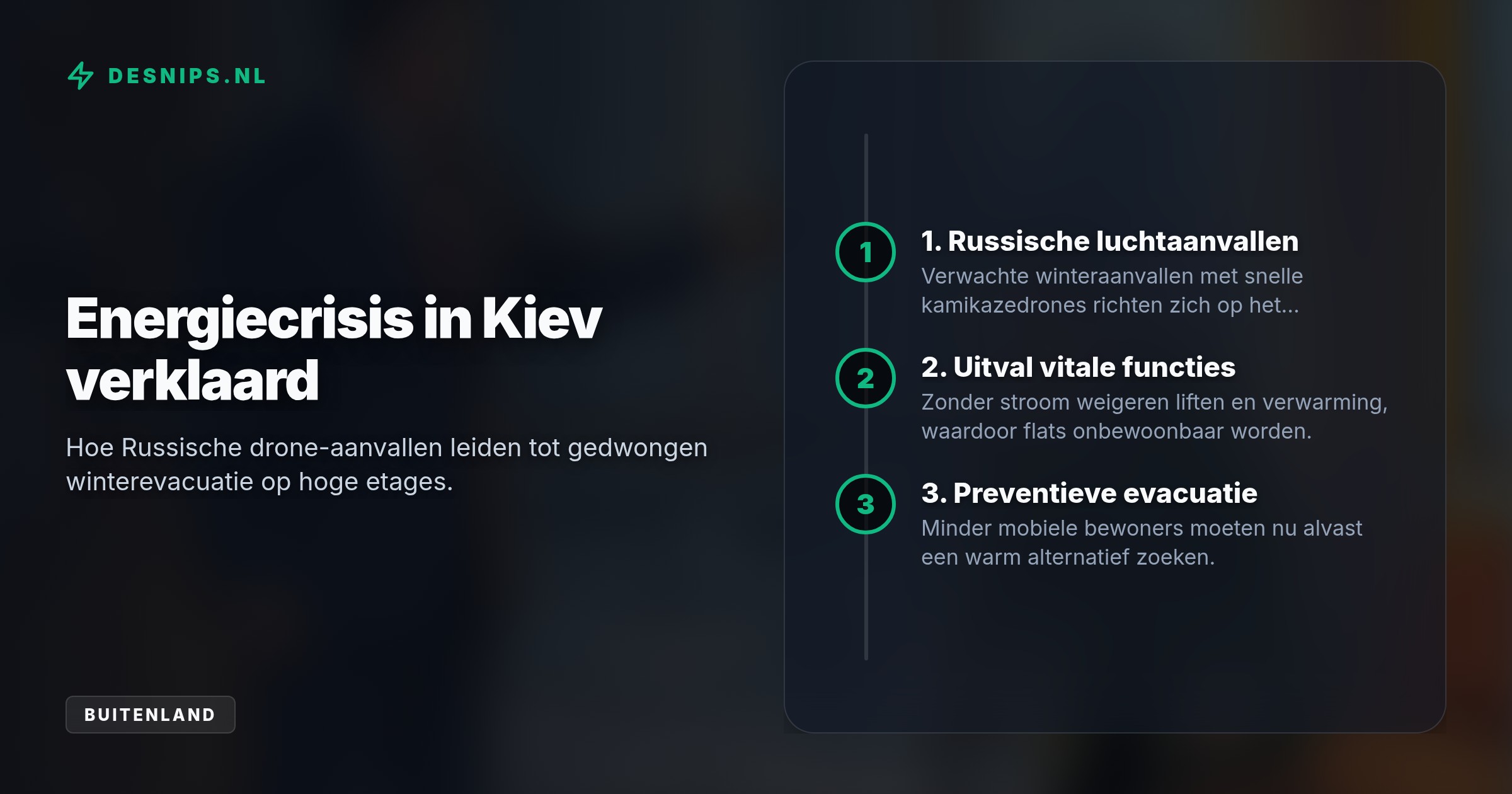 Door gevreesde blackouts adviseert premier Koretskyi kwetsbare flatbewoners een alternatief winteradres te zoeken. Dit moet humanitaire rampen voorkomen bij liftuitval.