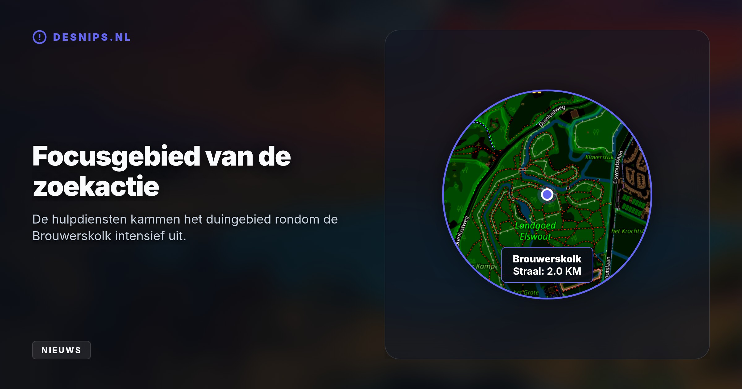 Sinds zondagavond zoeken politie, veteranen en een helikopter het duingebied bij de Brouwerskolk af nadat het voertuig van de vermiste persoon daar onbeheerd werd aangetroffen.