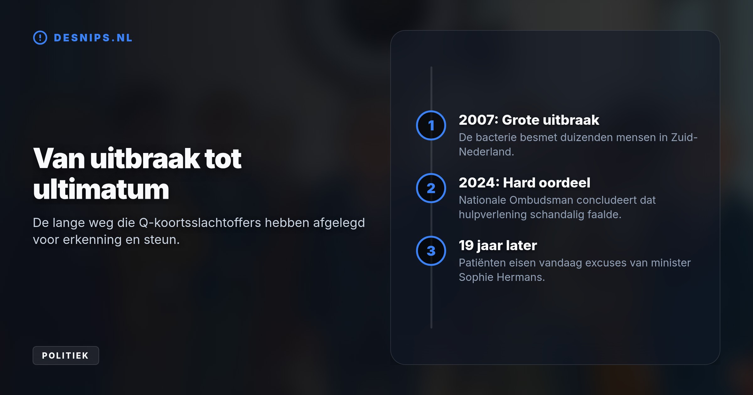 Al bijna 19 jaar kampen duizenden patiënten met chronische Q-koorts na de grote uitbraak. Zij eisen vandaag excuses voor ernstige overheidsfouten en lakse nazorg.