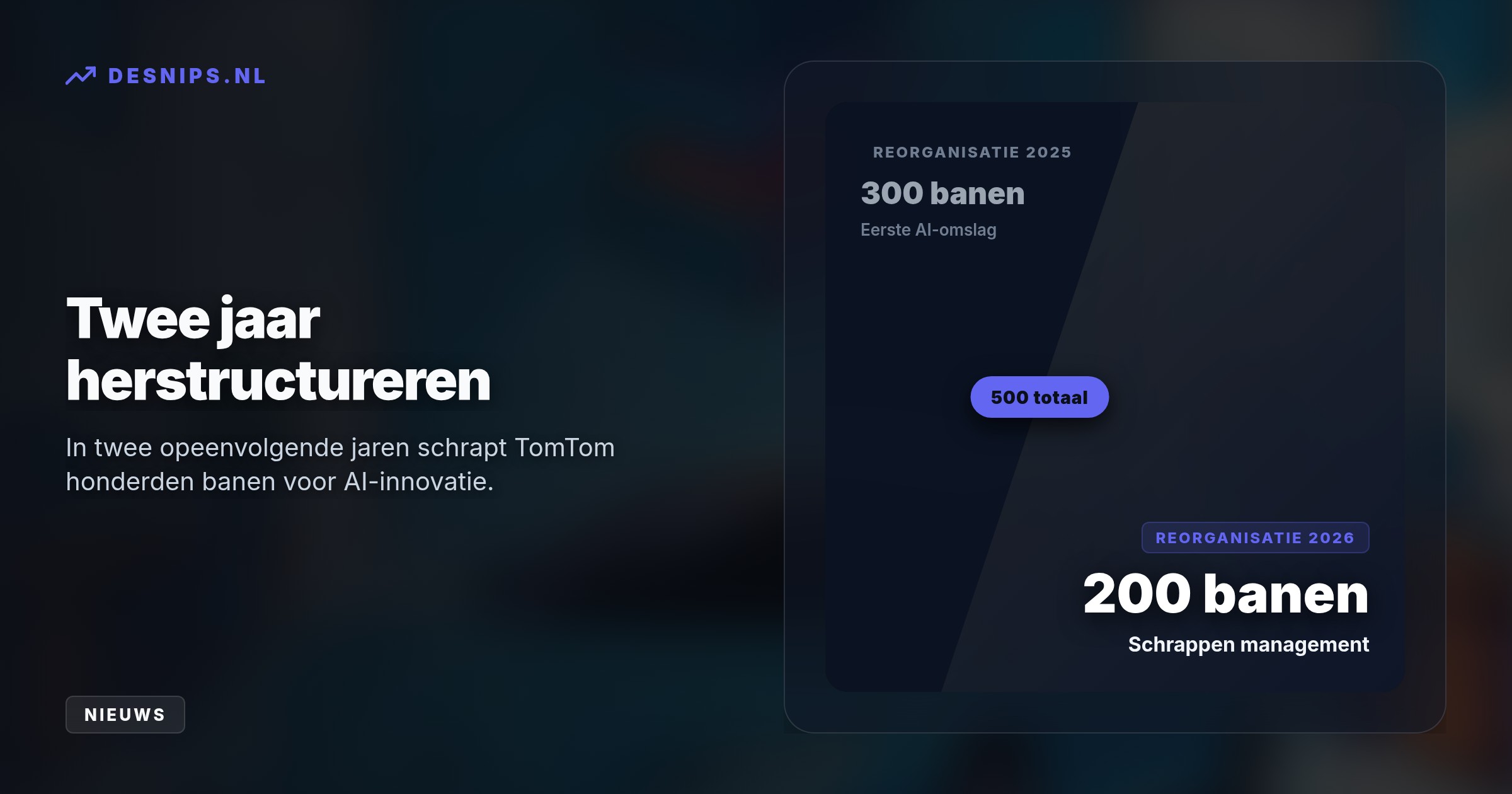 Door tegenvallende resultaten in de automotivesector schrapt TomTom managementlagen. Het vrijgekomen budget wordt ingezet voor de ontwikkeling van AI-software voor zelfrijdende auto's.