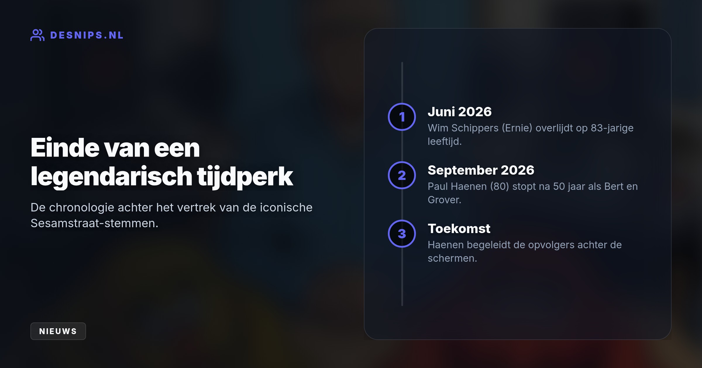 Na het overlijden van Ernie-stem Wim Schippers weigert de 80-jarige Haenen met een nieuwe tegenspeler te werken. Hij blijft wel achter de schermen betrokken.