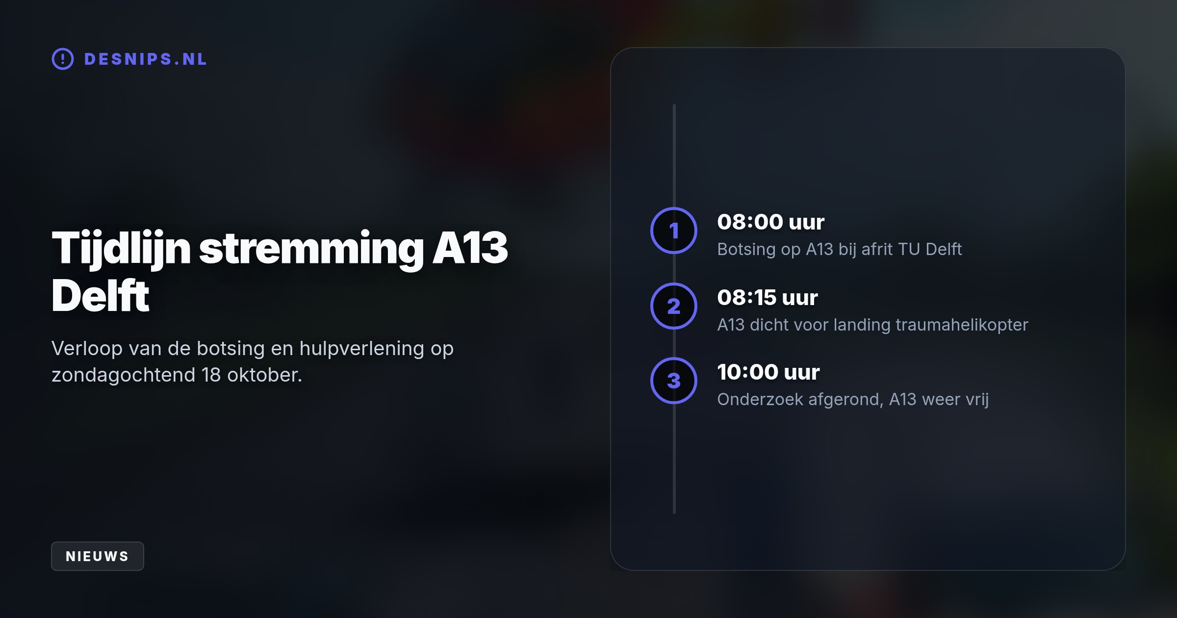 Een personenauto knalde op de A13 richting Den Haag op een taxibusje. De snelweg werd afgesloten voor een traumahelikopter, verkeer werd omgeleid via de A4.