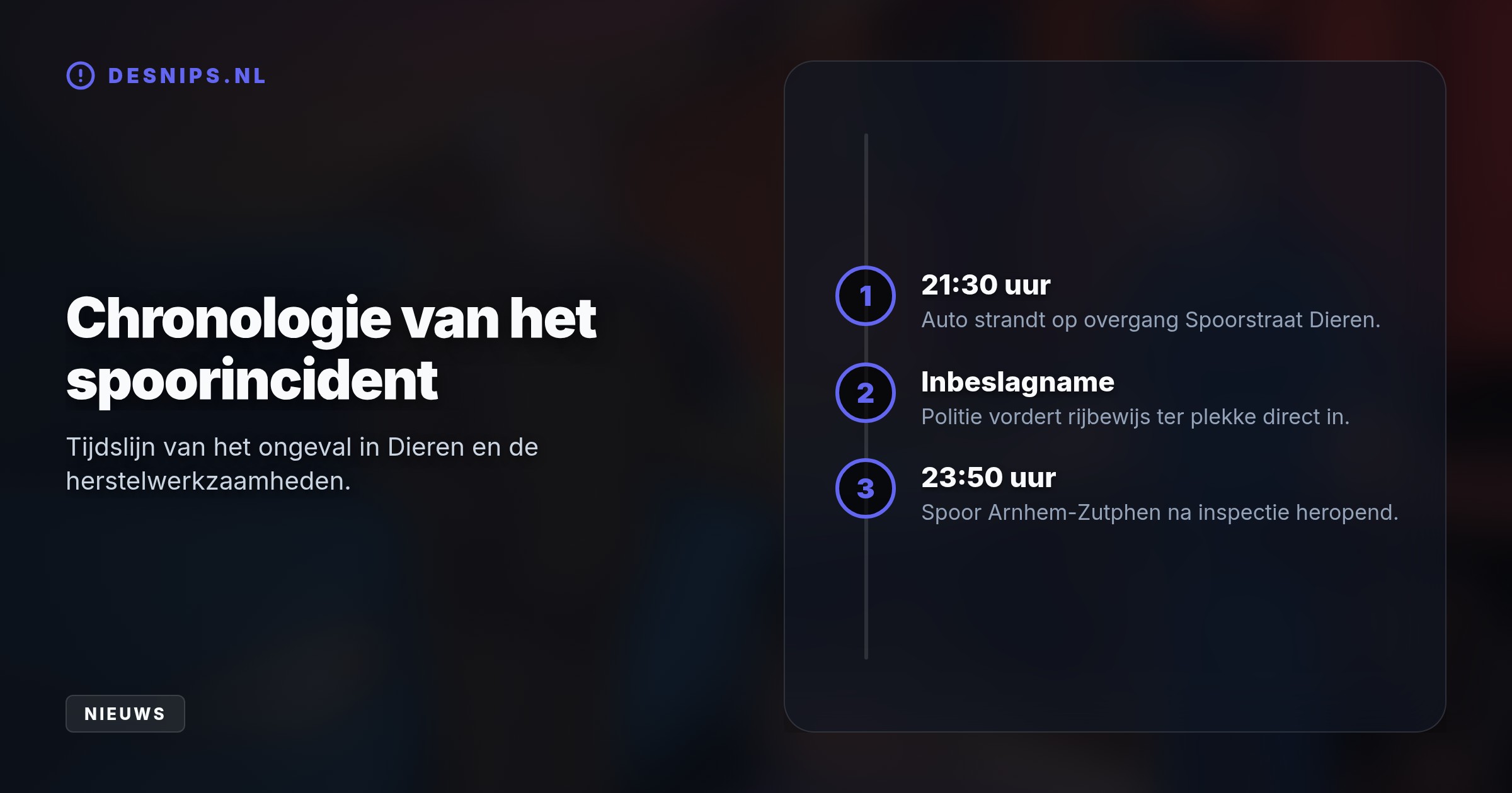 In Dieren kwam een 80-jarige automobilist stil te staan op een bewaakte spoorwegovergang. Een goederentrein schampte zijn wagen, waarna de spoorlijn tussen Arnhem en Zutphen uren dicht bleef.