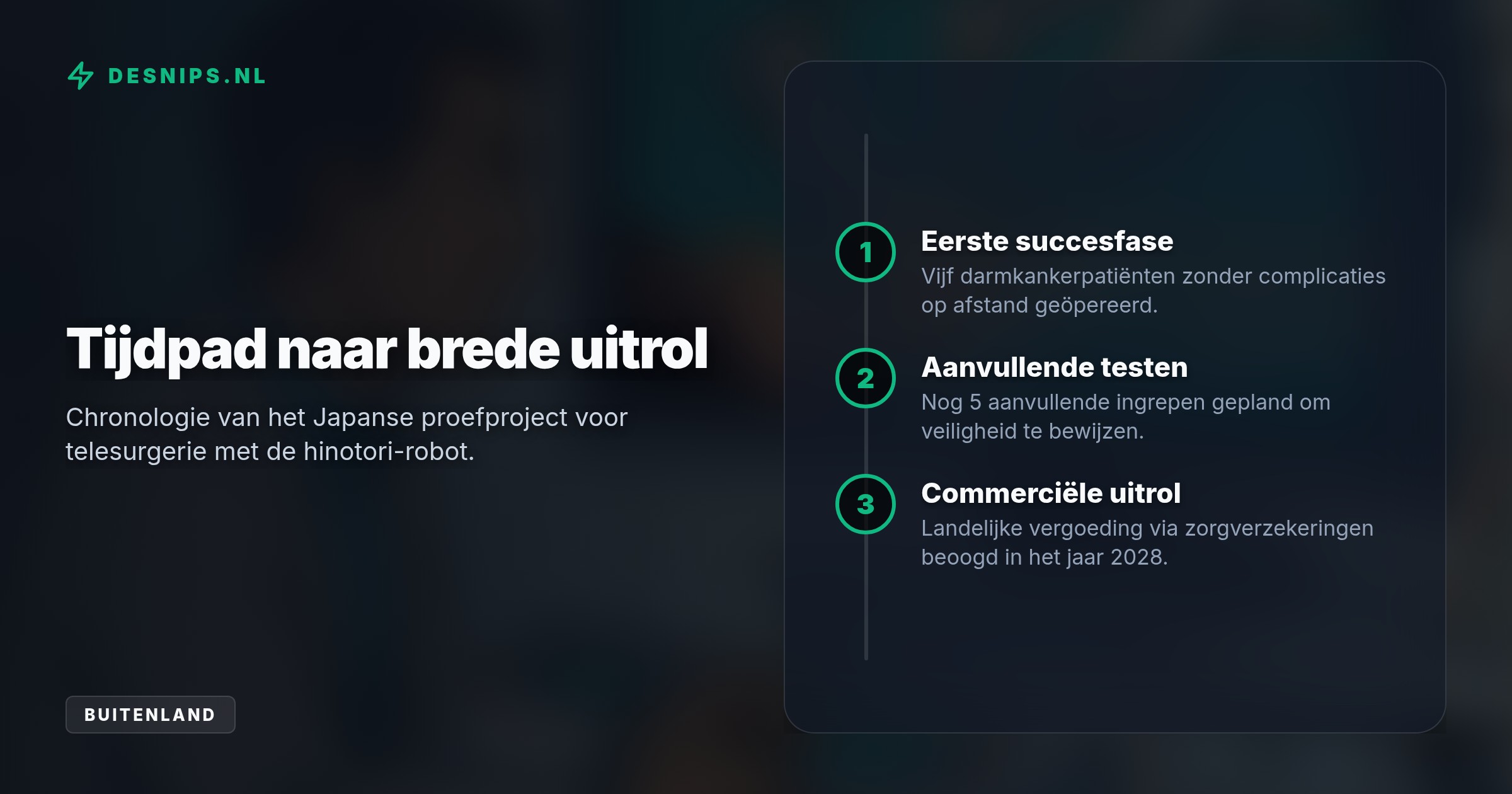 Via een glasvezelverbinding bestuurde een specialist de hinotori-robot in een ander ziekenhuis. Dit voorkomt reistijd en lost regionaal artsentekort op.