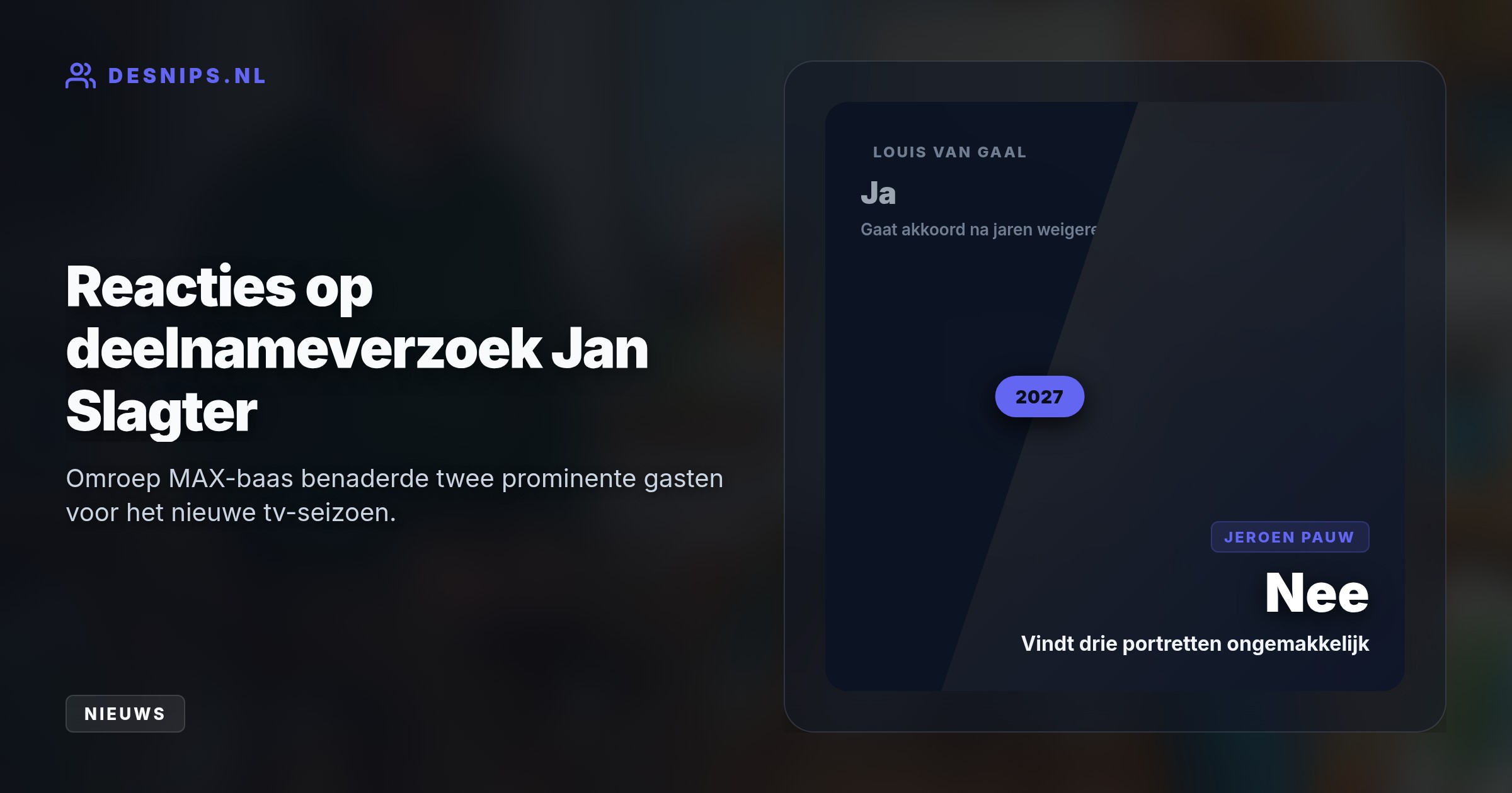 Na jaren weigeren laat de oud-bondscoach zich in 2027 portretteren. Carrie ten Napel neemt de presentatie over van Özcan Akyol na diens conflict met Jan Slagter.
