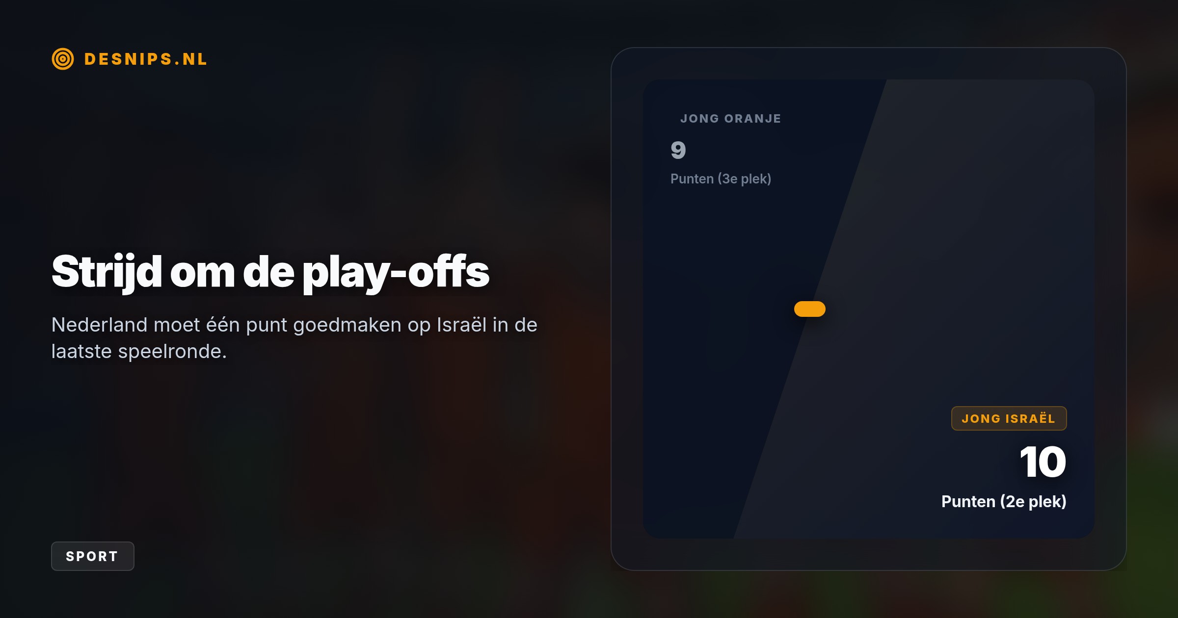 Na de 2-4 winst op Slovenië moet Jong Oranje dinsdag winnen van Bosnië, terwijl concurrent Israël punten moet morsen tegen Noorwegen om de play-offs te halen.