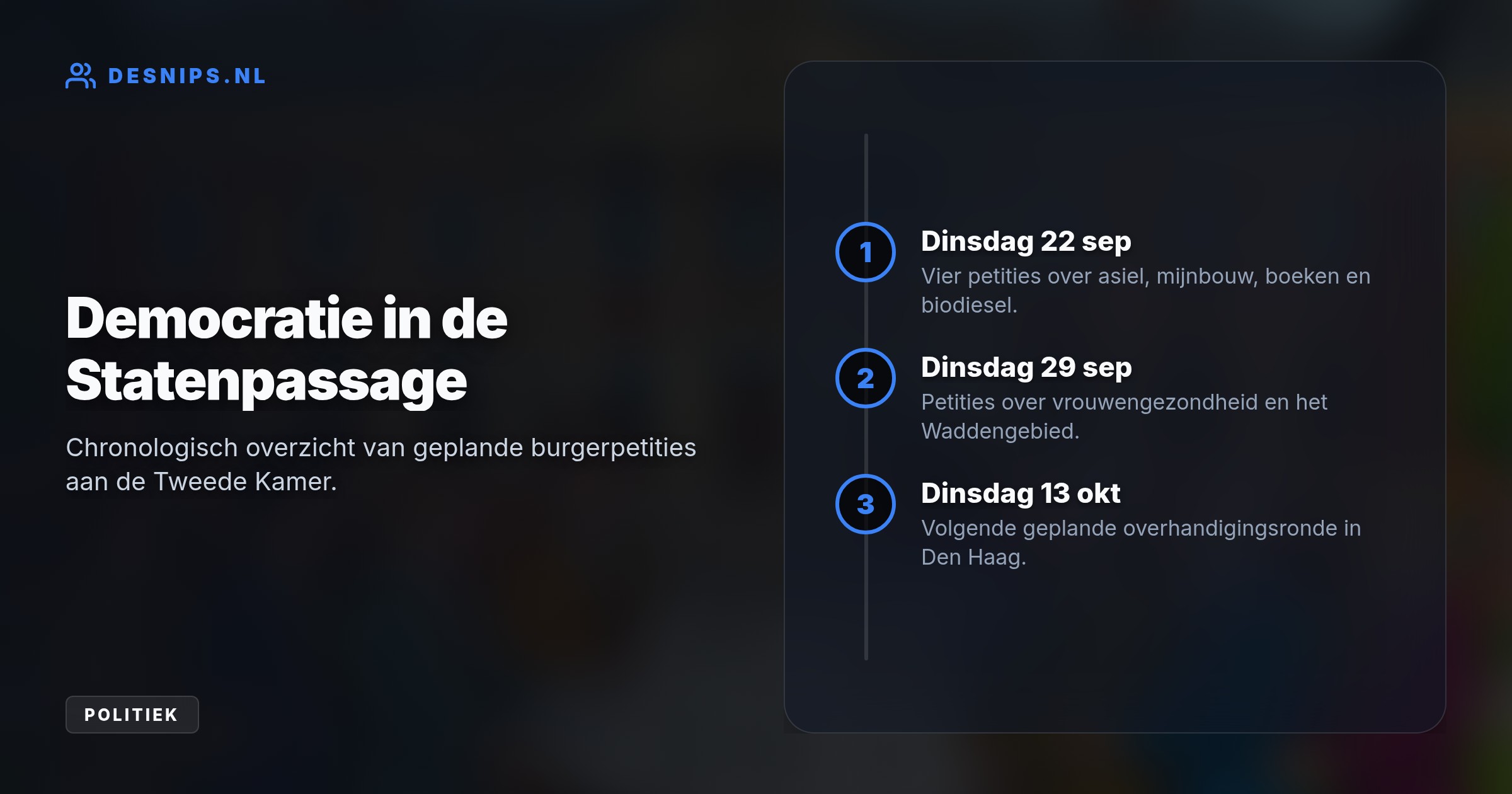 Met dit wekelijkse initiatief verkleinen burgers de afstand tot de politiek en dwingen ze aandacht af voor onder meer asielregels, Congolese mijnbouw en biodiesel.
