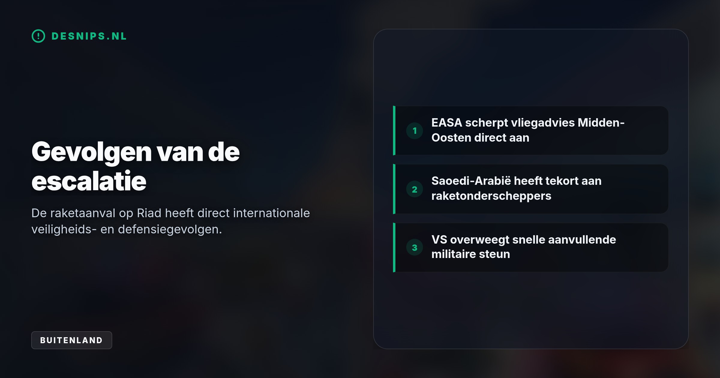 Een inslag op terminals 3 en 4 scherpt het vliegadvies aan, terwijl Saoedi-Arabië kampt met een acuut tekort aan raketonderscheppers en westerse steun zoekt.