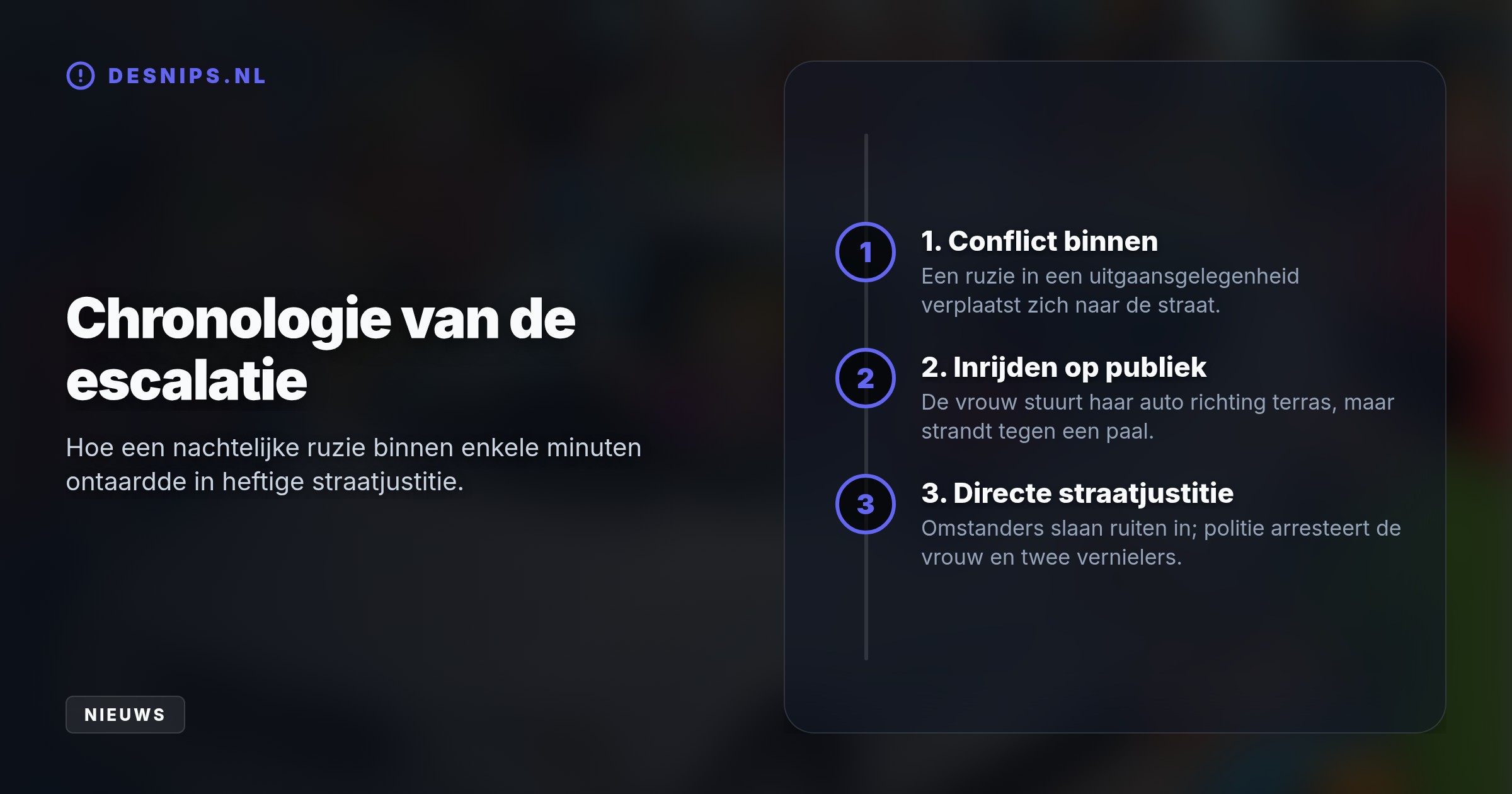 Na een conflict reed de 40-jarige vrouw op het uitgaanspubliek in. Omstanders namen direct wraak door haar ruiten in te slaan, waarna de politie de automobiliste en twee vernielers aanhield.