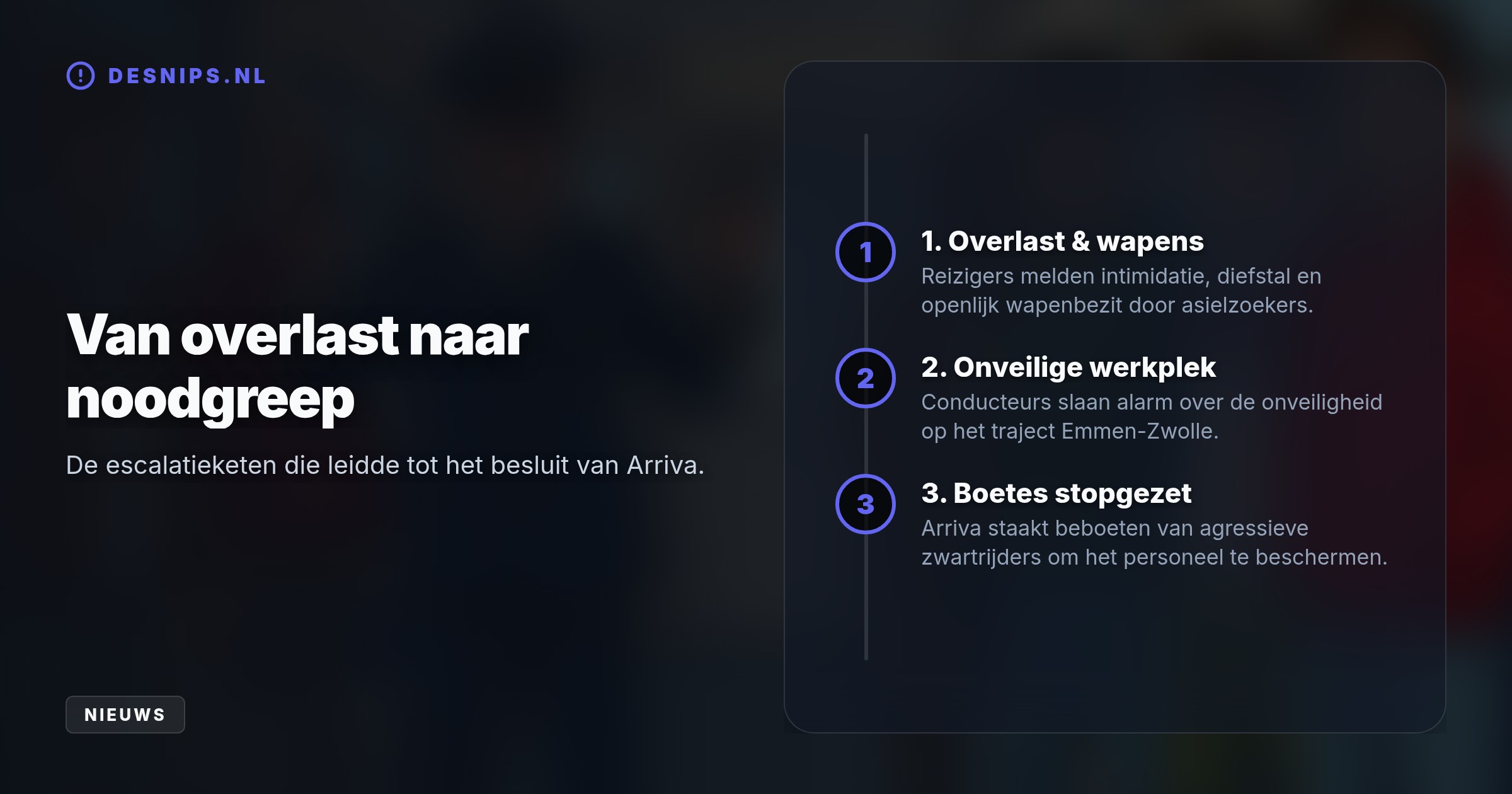 Door aanhoudende intimidatie, diefstal en wapenbezit trekt Arriva aan de handrem. Het niet beboeten moet de veiligheid van conducteurs op de treinlijn waarborgen.