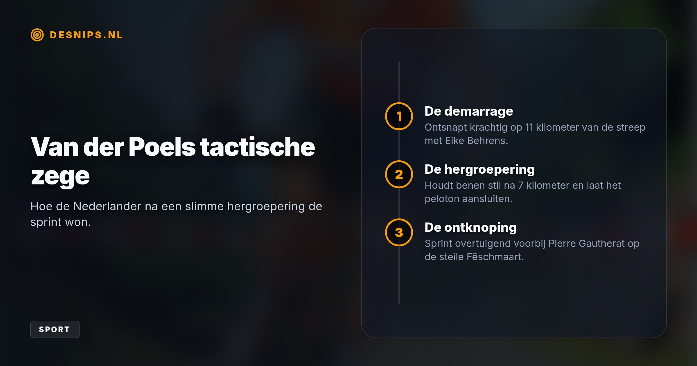 Na een tactische aanval spaarde de Nederlander krachten voor de eindsprint bergop op de Fëschmaart, waar hij overtuigend de eerste leiderstrui greep.