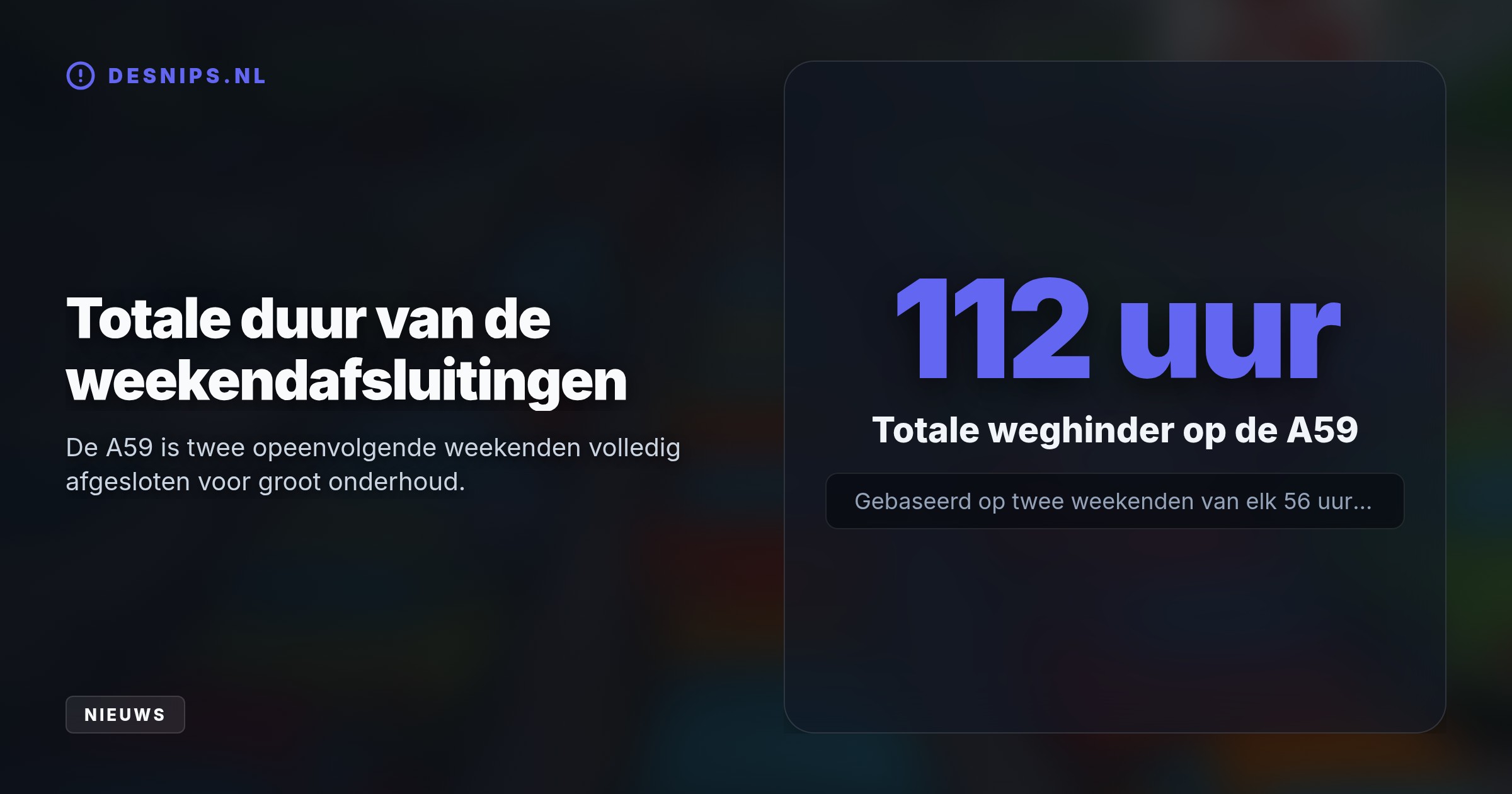Wegens asfaltwerkzaamheden en de verbreding van de A59 sluit Rijkswaterstaat de weg van 11 tot 14 en 18 tot 21 september tussen Waalwijk en Hooipolder.