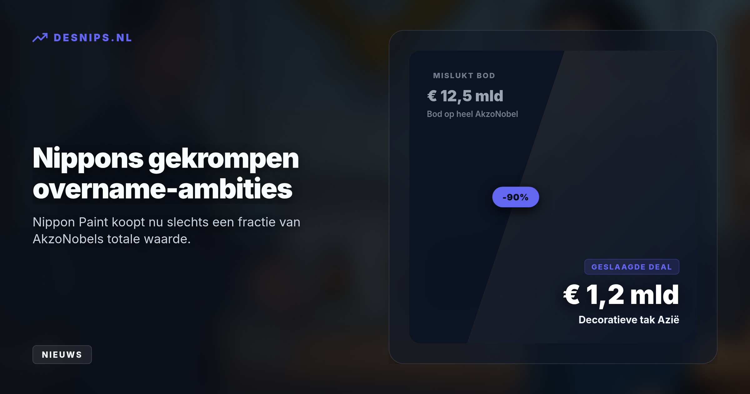 Met de verkoop aan Nippon Paint haalt de verfproducent netto 1 miljard dollar op. Dit geld dient als buffer voor de aanstaande fusie met de Amerikaanse gigant Axalta.