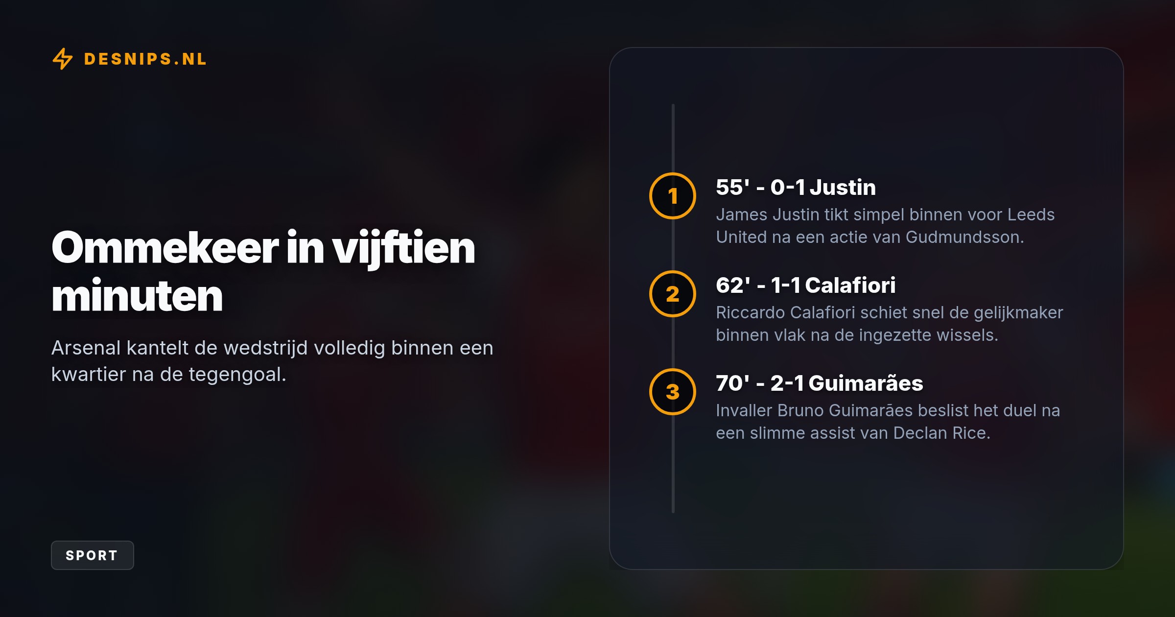 Na een 0-1 achterstand draaiden treffers van Calafiori en invaller Guimarães het duel om. Arsenal klimt zo naar de tweede plek in de Premier League.