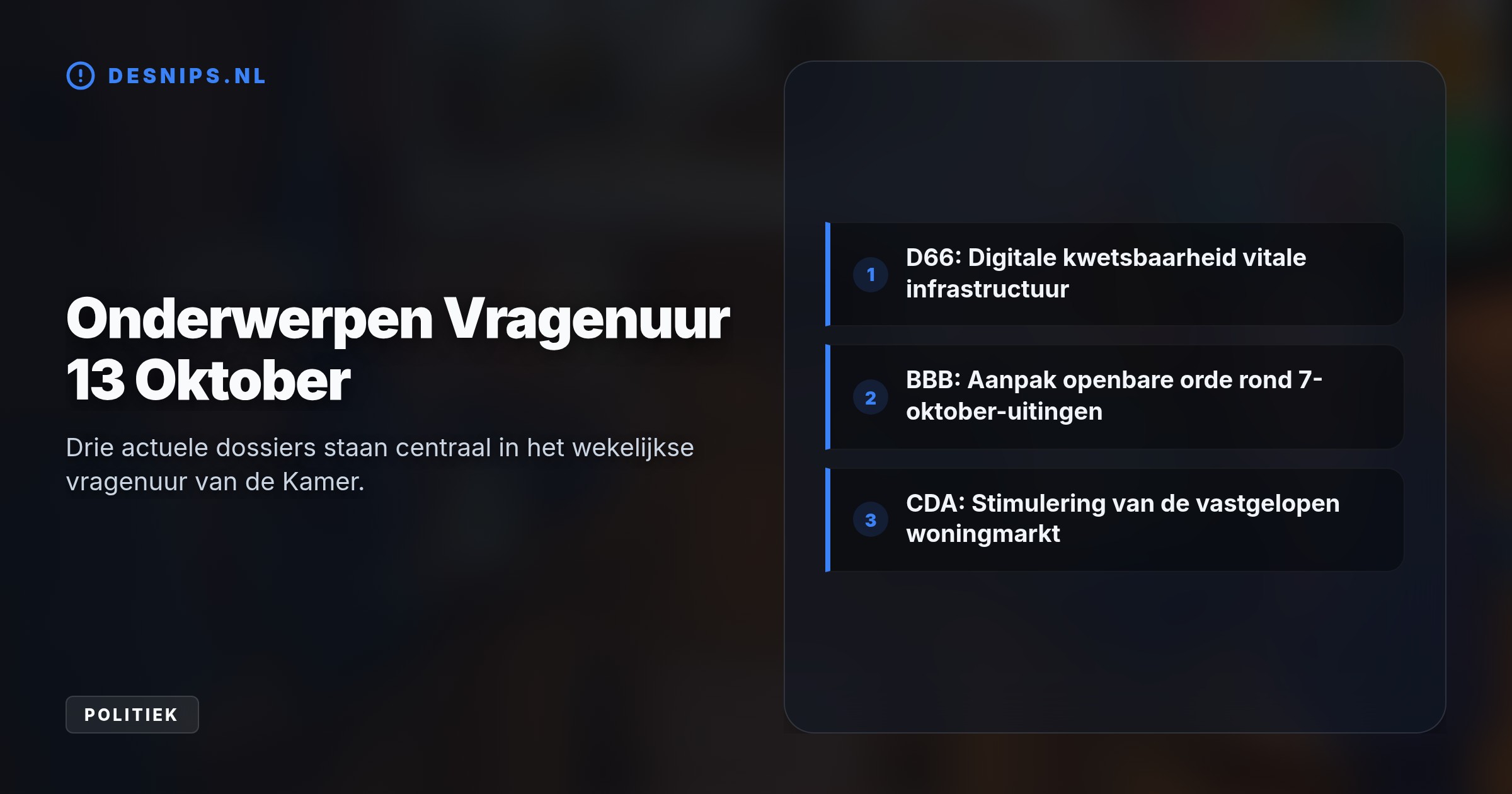 Tijdens het vragenuur eisen D66, BBB en CDA opheldering over digitale kwetsbaarheid bij supermarkten, de aanpak van extremistische uitingen en stagnerende nieuwbouw.