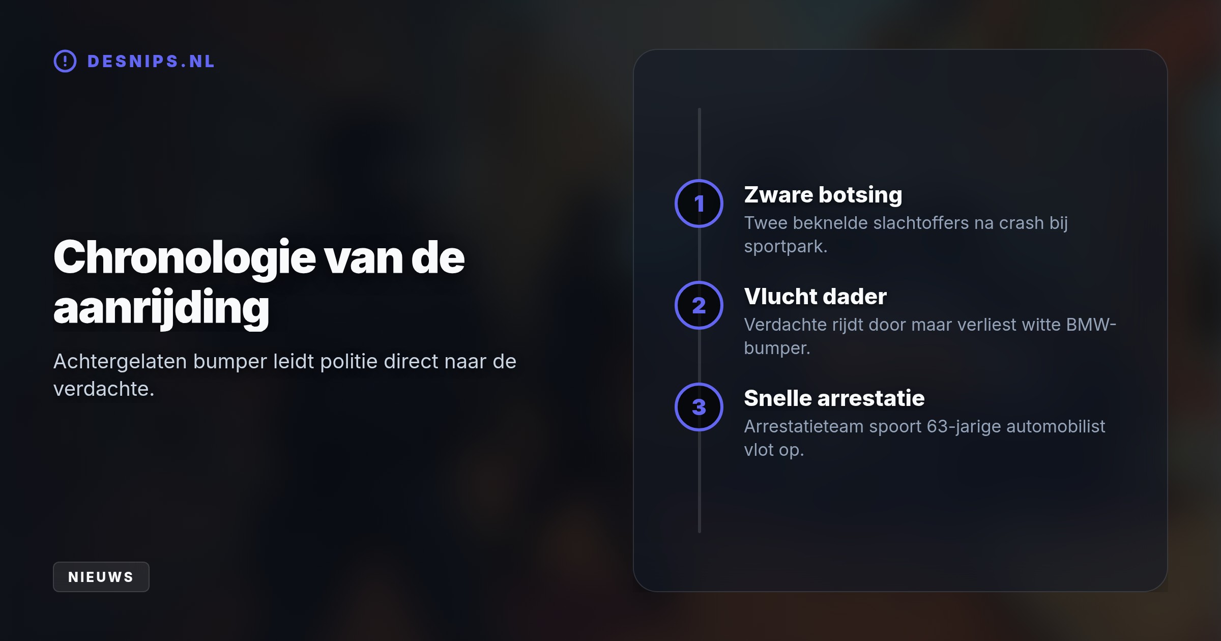 Na een zware botsing in Ermelo, waarbij twee mensen bekneld raakten, sloeg een 63-jarige automobilist op de vlucht. Hij werd snel ingerekend omdat zijn witte BMW-bumper op de weg achterbleef.