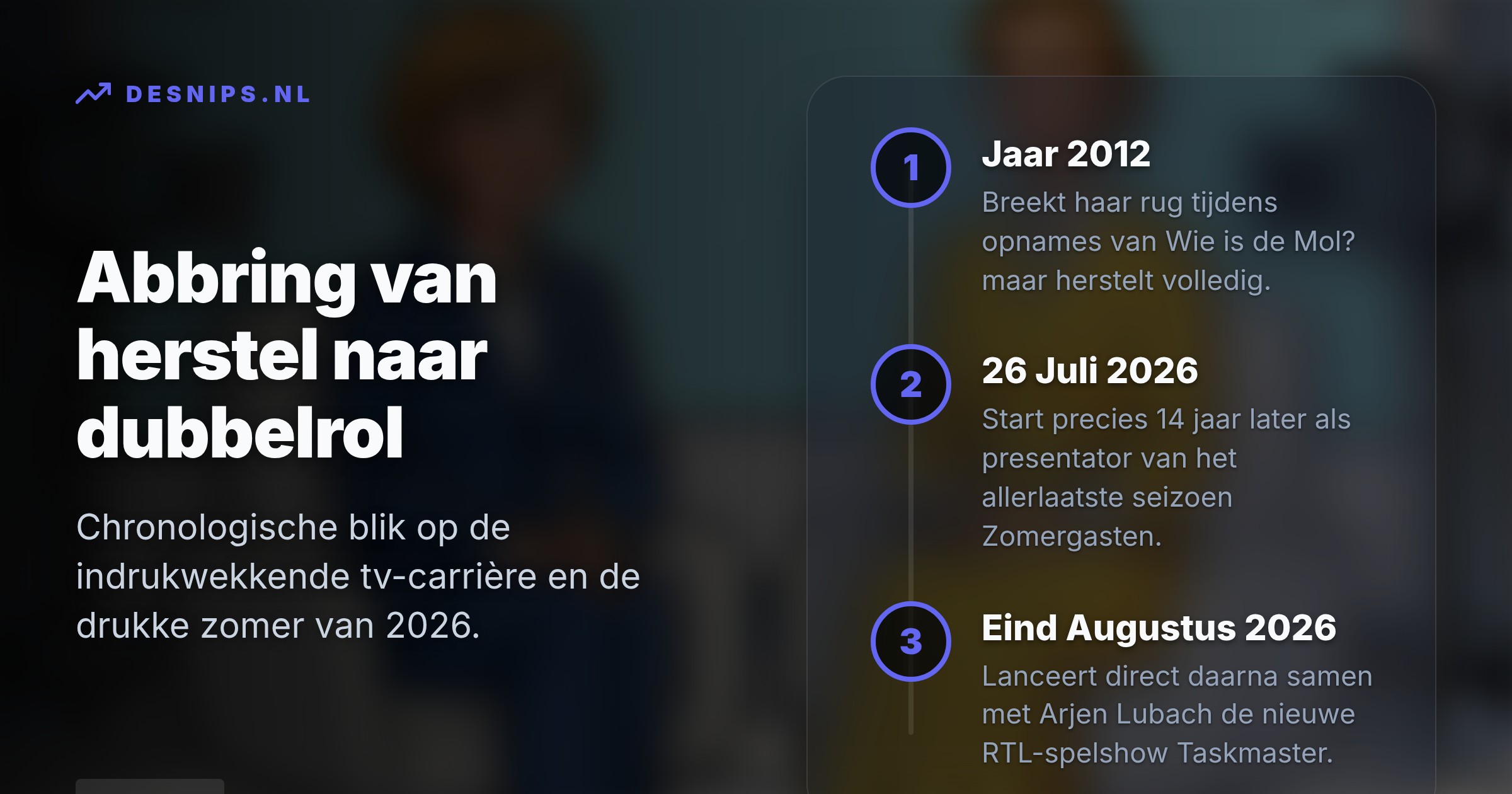Ondanks een eerdere ruzie met de VPRO leidt Abbring de slotreeks vanaf 26 juli. Haar droom om koningin Máxima te interviewen mislukte door tijdgebrek.