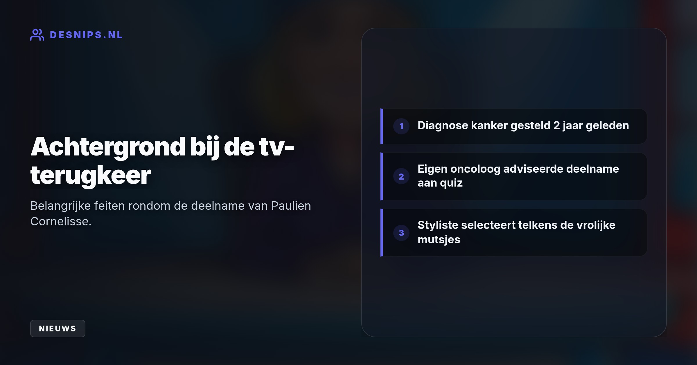 Nadat de schrijfster haar haar verloor door zware kankerbehandelingen weigerde ze een pruik. Haar styliste kiest nu elke aflevering een passend, vrolijk hoofddeksel.