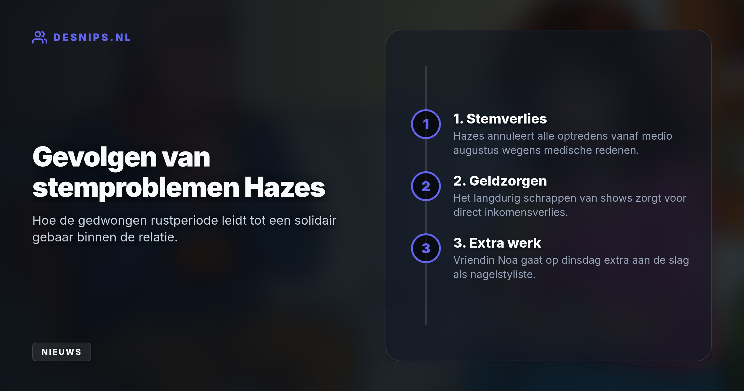 Omdat de volkszanger door aanhoudende stemproblemen al zijn optredens moet annuleren, gaat zijn partner Noa Braaf een extra dag werken om het inkomensverlies op te vangen.