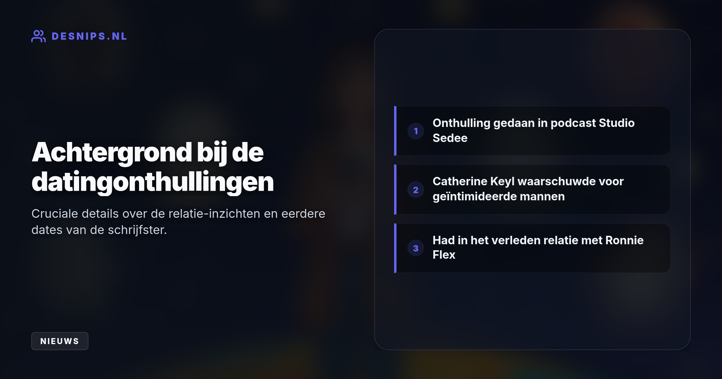 De schrijfster zoekt rust en gelijkwaardigheid binnen Hilversum, omdat gewone mannen zich naast haar snel minderwaardig voelen. Alleen met een bekendheid start ze op gelijke voet.