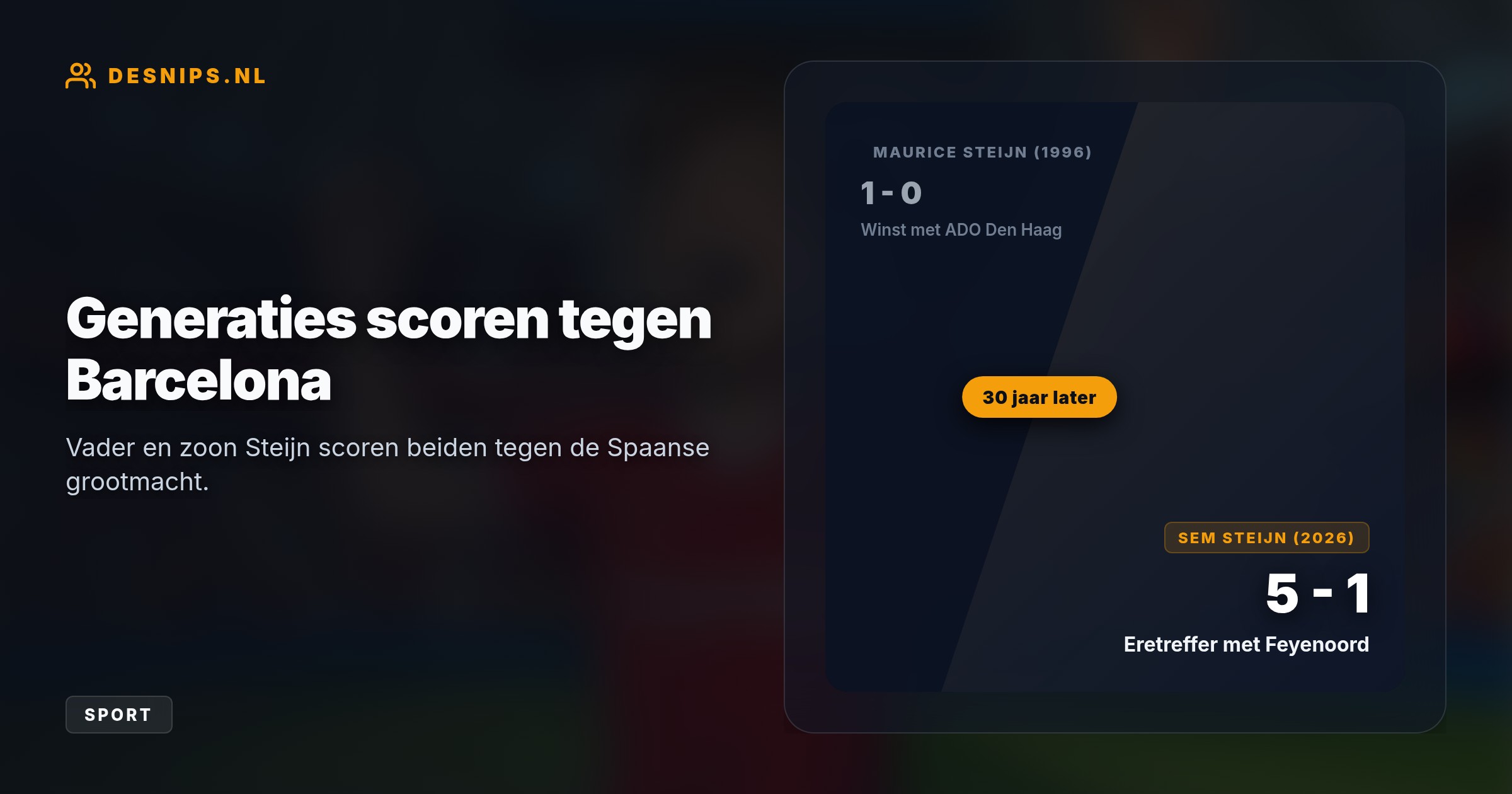 Bij zijn Champions League-debuut in Camp Nou verzacht Sem Steijn de 5-1 nederlaag met een treffer, exact dertig jaar nadat vader Maurice ook scoorde tegen Barcelona.