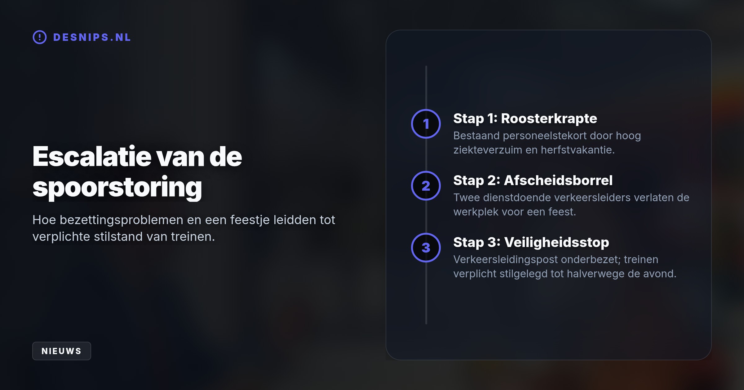 Door de afwezigheid van twee verkeersleiders op hun borrel, gecombineerd met ziekte en vakanties, kon ProRail het rooster op verkeersleidingspost Utrecht niet sluitend krijgen.