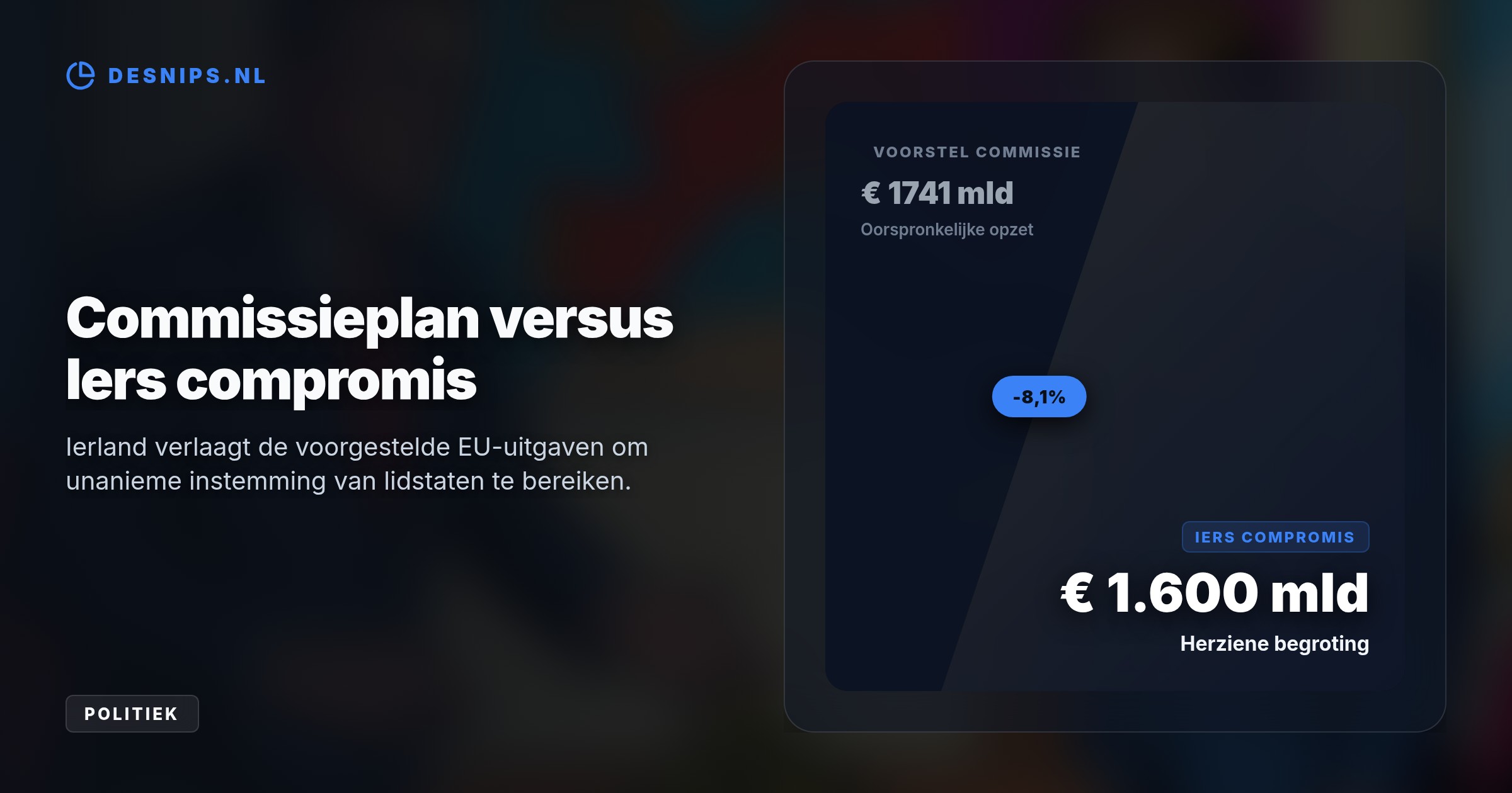 Het voorstel verlaagt het Commissieplan met 8% naar 1,6 biljoen euro om zuinige lidstaten zoals Nederland tegemoet te komen. Vooral subsidies voor veiligheid en concurrentie krimpen.