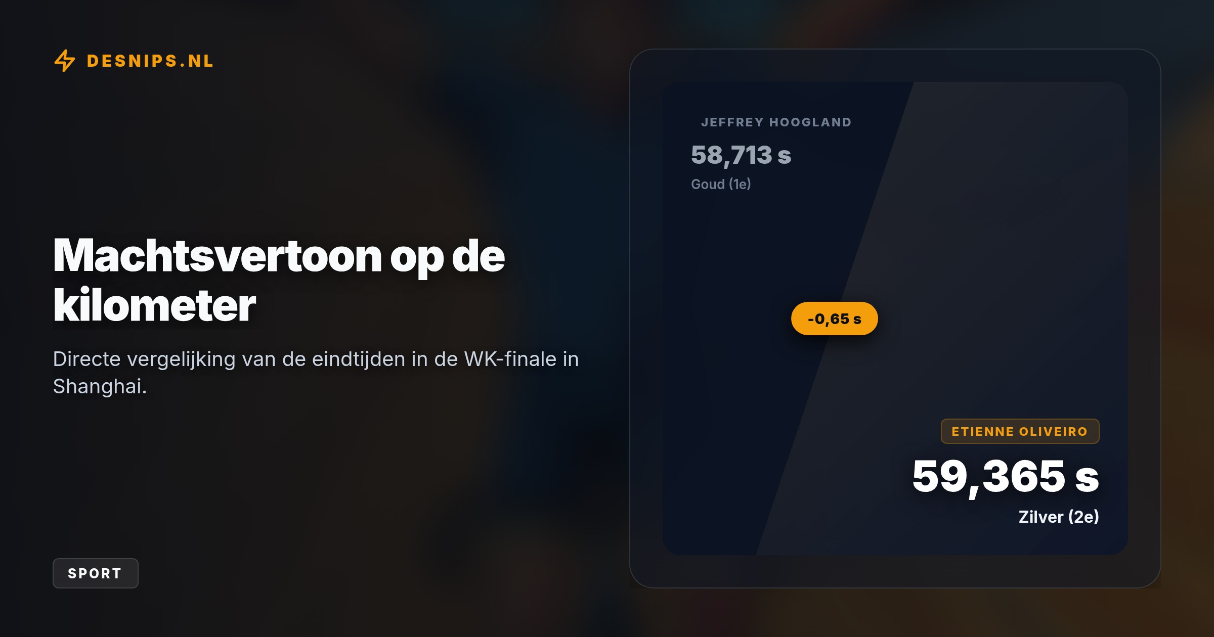 In Shanghai reed Hoogland naar goud in 58,713 seconden. Hij was ruim 0,65 seconde sneller dan zilveren medaillewinnaar Etienne Oliveiro en pakte zo zijn tweede titel dit WK.