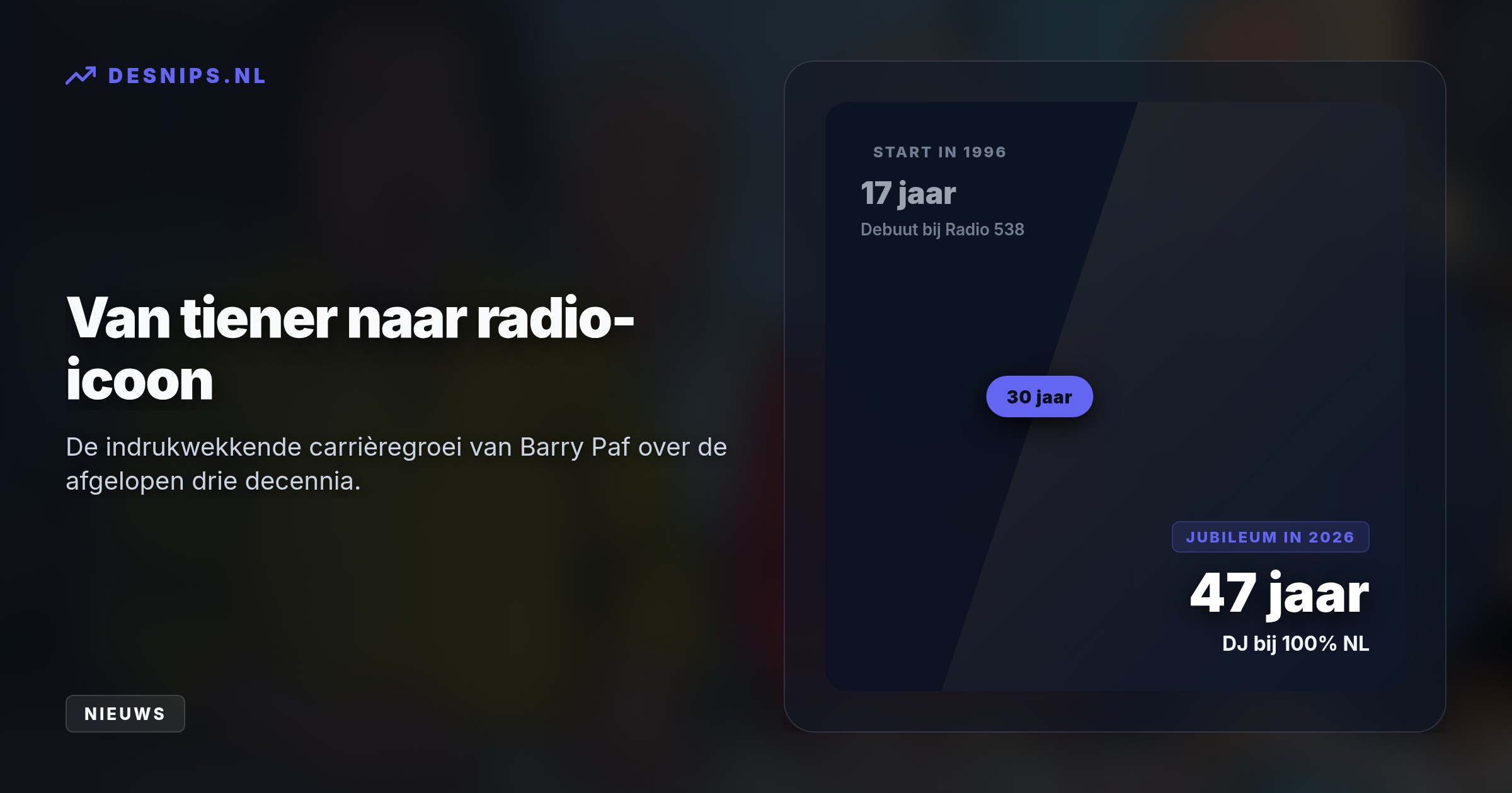 De 47-jarige dj begon dertig jaar geleden als zeventienjarige bij Radio 538 en werd gisteren live op 100% NL verrast door zijn ouders en Erik de Zwart.