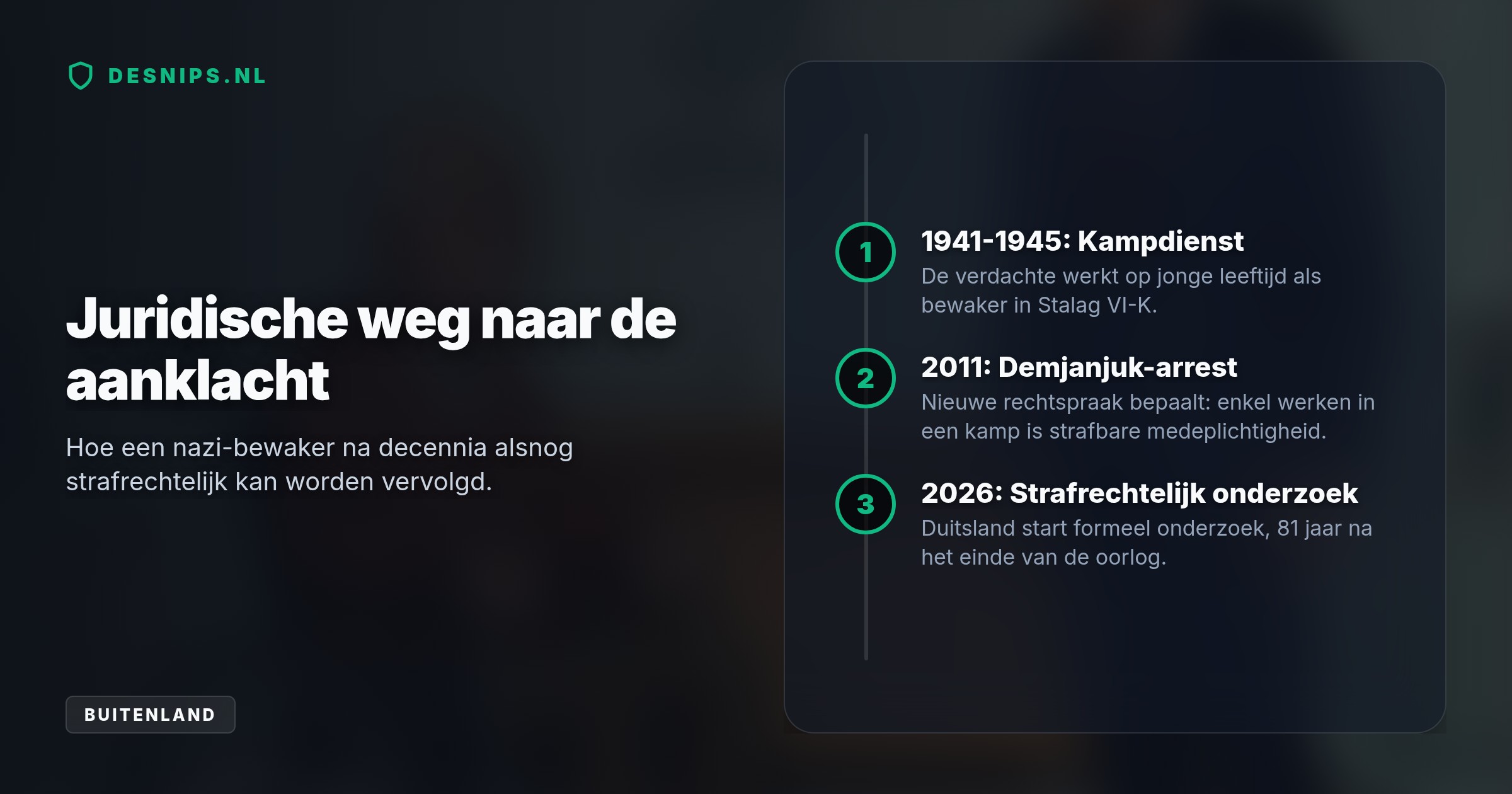 De man wordt verdacht van medeplichtigheid aan duizenden moorden tussen 1941 en 1945. Sinds 2011 is alleen het werken in een nazi-kamp al genoeg voor strafrechtelijke vervolging.